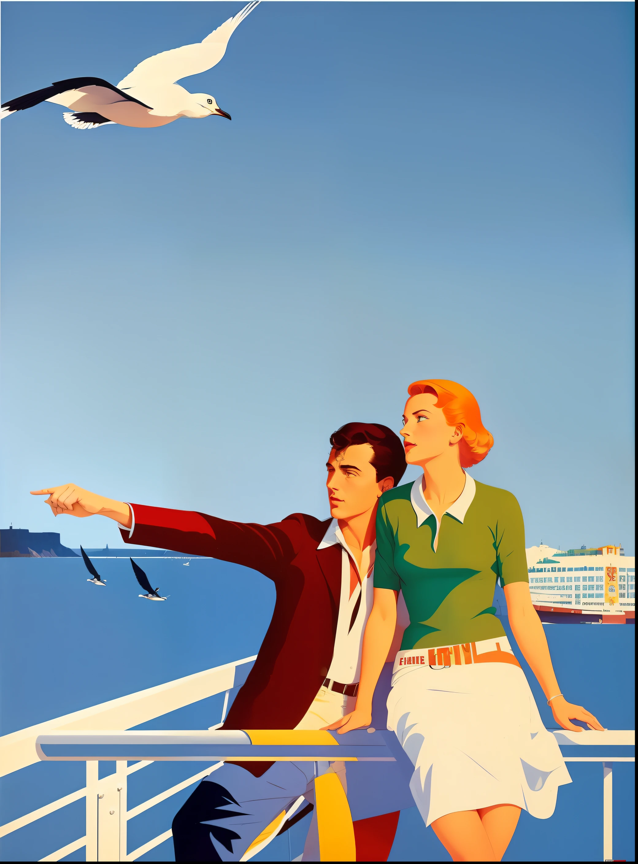 There is a poster of a couple on a boat with seagulls flying overhead., cartaz de viagem, Nelson Kenton, Directed by: Pruett Carter, angus mcbride, Laurent Durieux, Otto Schmidt, Directed by: Herbert Bayer, funil ed, Directed by: Emiliano Ponzi, Cartaz Art Deco, inspirado em Robert Ballagh, retro poster, Directed by: Robert Ballagh, Joe Webb