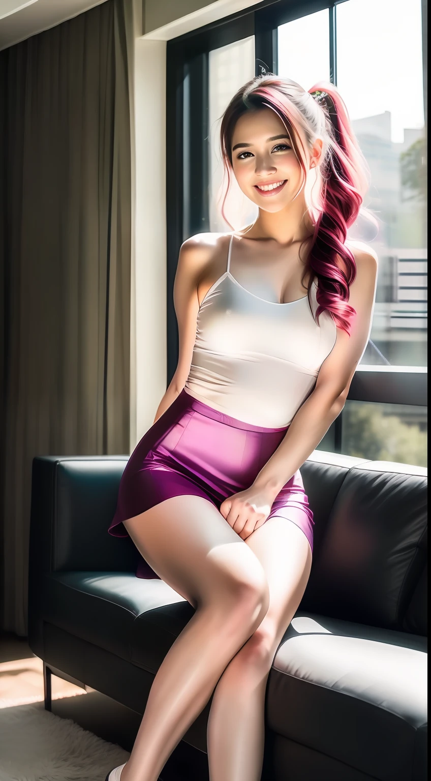 Full body view, feet in view, no shoes, night scene, sexy girl, posing, look at a camera and smile, pink ponytail hair, (green eyes:0.8), cute young face, shiny pantyhose, short skirt, camisole, no shoes, 18 yo, huge breasts, (cinematic:1.3), intricate details, (ArtStation:1.2), no shoes, living room, relaxing on couch, huge windows, great lighting