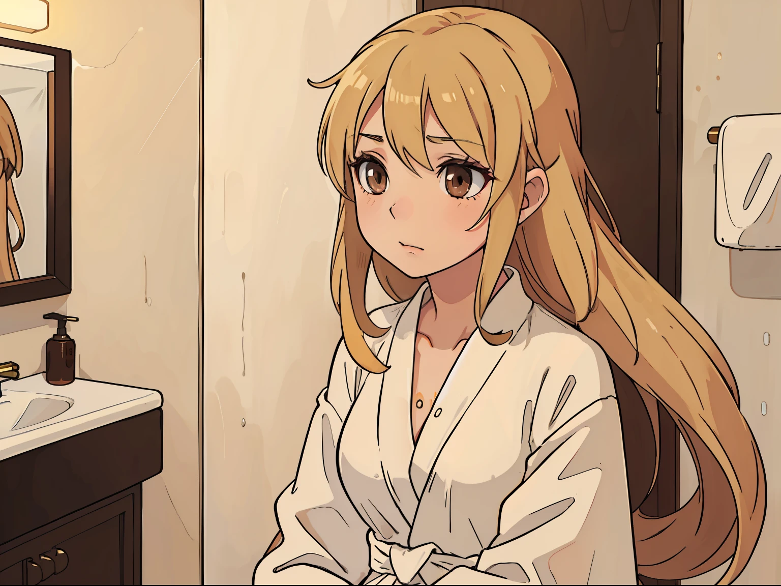(Asuna1, solo, female, long blond hair, brown eyes, white hotel robe), entering the shower, hotel bathroom