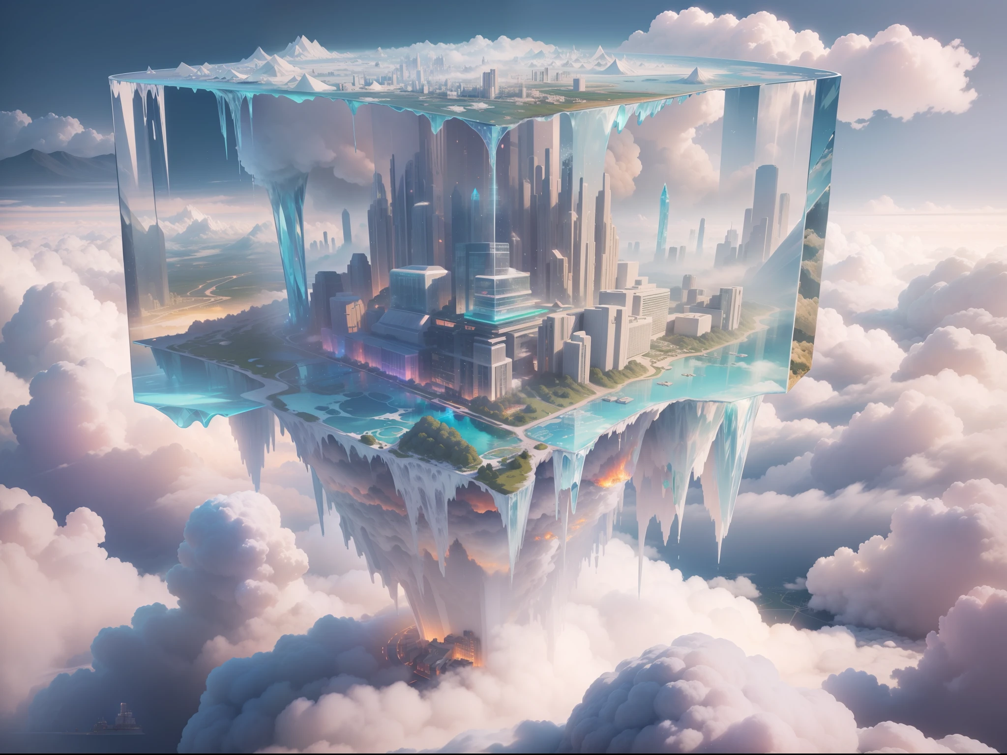Above the clouds, towns and megastructures made up of crystal and glass buildings float in the sky,Ice crystals,Glowing glass house,Colorful clouds like marshmallows,Faraway view,tmasterpiece,hyper-high detail,Best quality,8K,depth of fields,wonderful,Incredible。