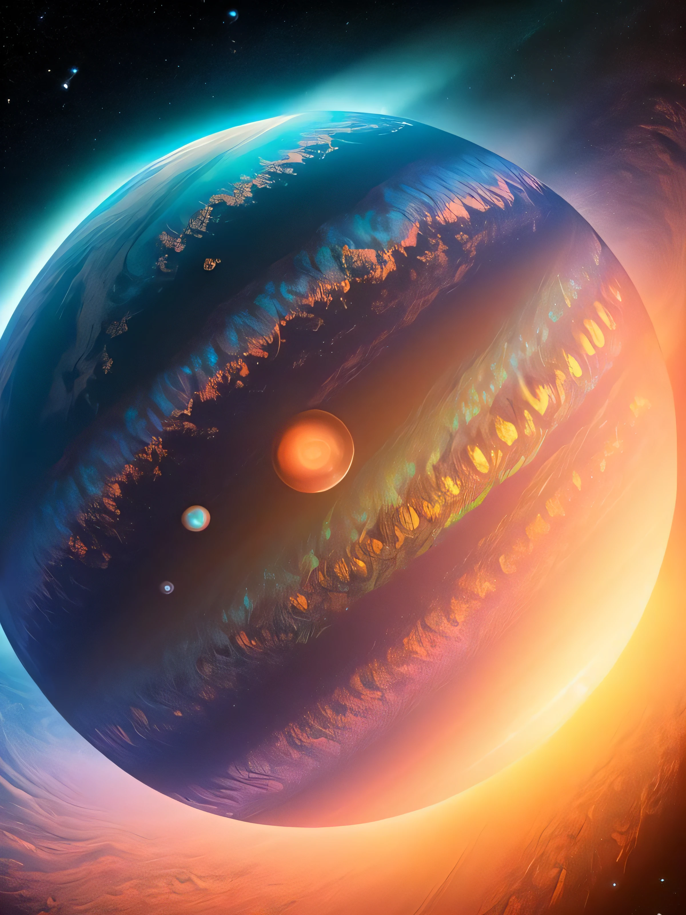 dublex ((((8k)))) HD photo extremely detailed render (((iridescent))) planet, thick hazy orange atmosphere, deep blue ((swirling clouds)), large saturn-like rings, pillars of creation