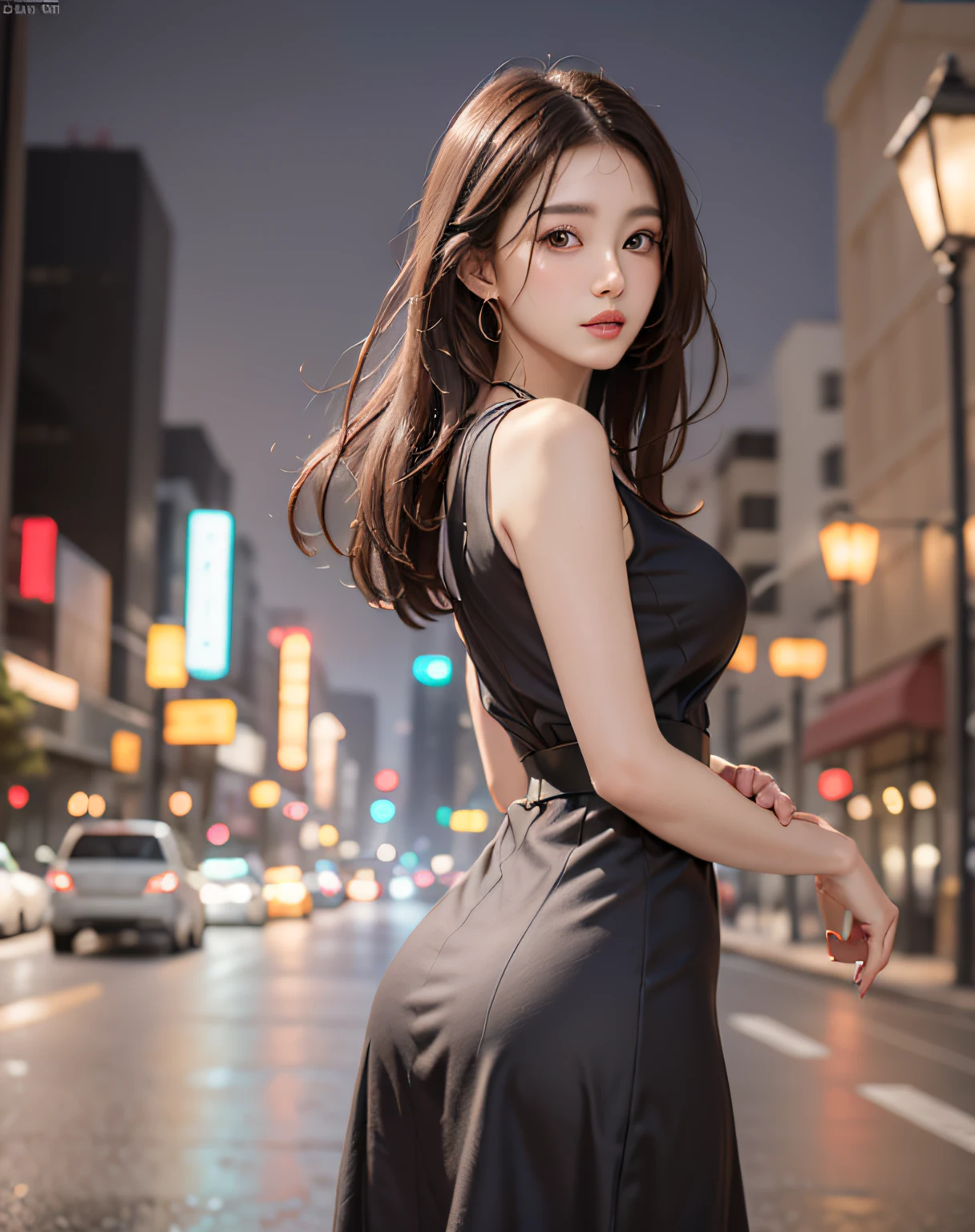 (standing on a dark street), (highway lights), (calm lighting), (night), sexy pose, (very delicate and beautiful work), (masterpiece), one girl, one girl in a gothic Lolita dress:1.37, very detailed and leaky waist, attractive look, beautifully clear eyes, delicate necklace, delicate earrings, simple blurred background, extreme detailed description, beautiful, attractive, Super fine painting, pretty face, big, big, big, big, fine body, fine collarbone, beautiful lips, smooth ass, mix4, (8k, RAW photo, top quality, masterpiece: 1.37), (realistic, realistic: 1.37), one girl, cute, cityscape, night, rain, humidity, professional lighting, photon mapping, radiation, physics cs-based rendering