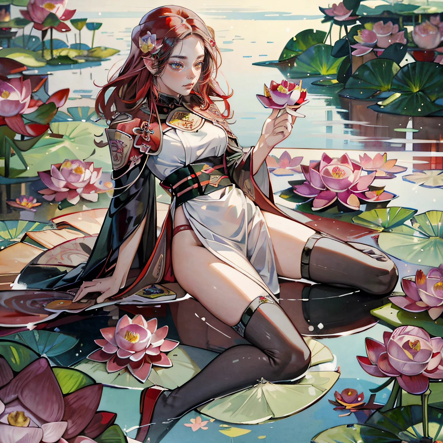 (masterpiece, best quality, beautiful art:1.4) of a (red lotus flower:1.6), bright red color, beautiful symmetry, very detailed, highly realistic, 8k, ultra intricate, trending on artstation, trending on pixiv