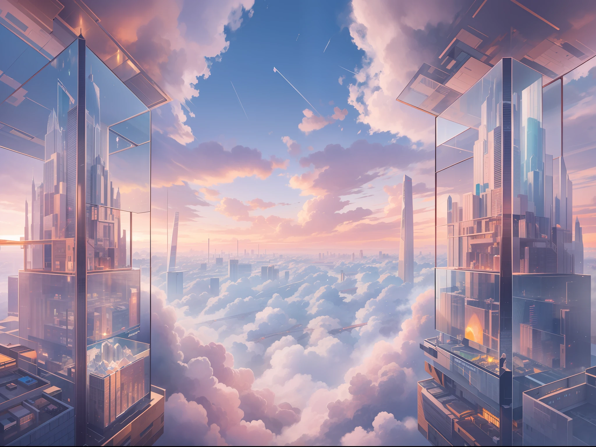 Above the clouds, towns and megastructures made up of crystal and glass buildings float in the sky，Ice crystals，Glowing glass house，Colorful clouds like marshmallows，Faraway view，tmasterpiece，hyper-high detail，Best quality，8K，depth of fields，wonderful，Incredible。