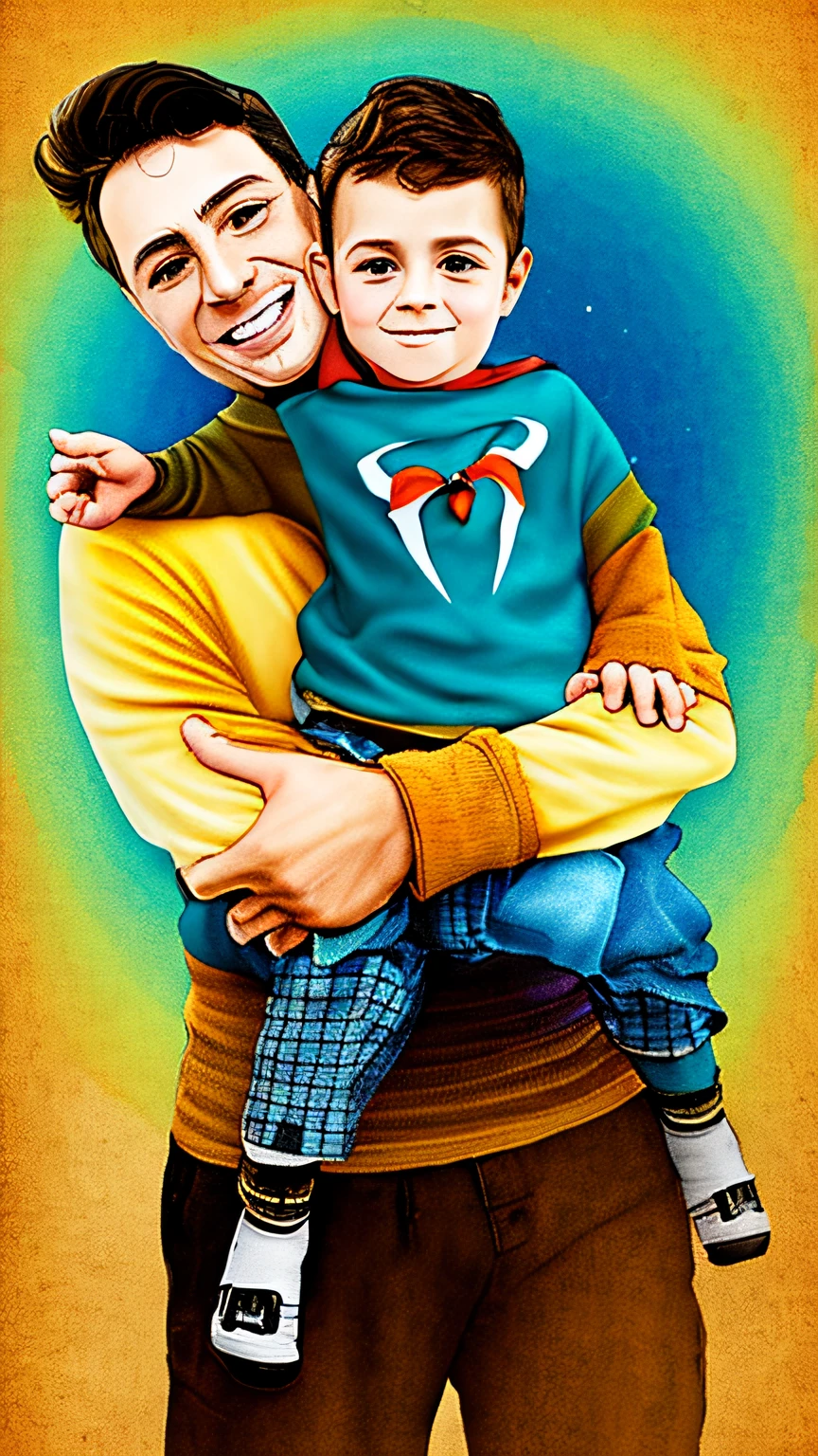 Create a Disney-style illustration being true to the colors and characteristics of the man and the  in the photo.