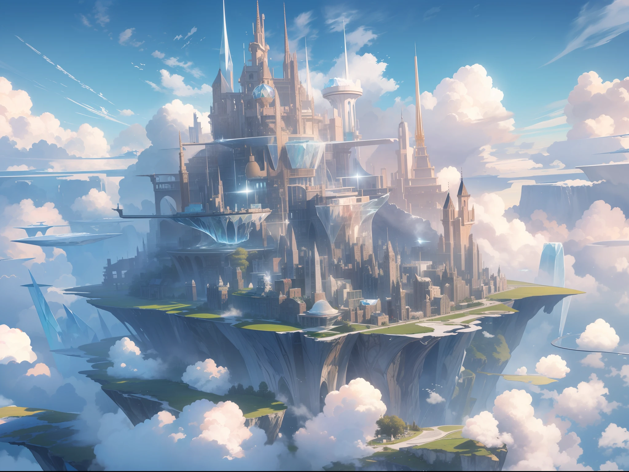 Above the clouds, towns and megastructures made up of crystal and glass buildings float in the sky,Ice crystals,Glowing glass house,Colorful clouds like marshmallows,Faraway view,tmasterpiece,hyper-high detail,Best quality,8K,depth of fields,wonderful,Incredible。