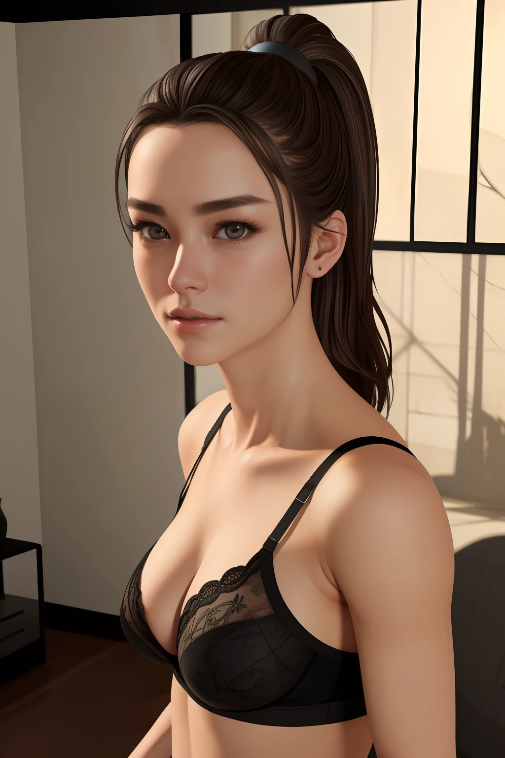 Beautiful Japanese girl, brown hair in a ponytail, , beautiful thin figure
symmetrical eyes, (beautifully detailed face, beautiful detailed eyes), dramatic lighting, (photo realism:1. 4), realistic, sharp focus, HD, highly complex, intricate, photography, hyperrealism, hyperrealistic, raytracing, physics-based rendering, ((8k, RAW photo, masterpiece), High detail RAW color photo, (highest quality), (best shadow), (best illustration), ultra high resolution, highly detailed CG unified 8K wallpapers), rim lighting, vivid color, post-processing, vibrant, color grading, She is standing in the bedroom, behind her is a large double bed, wearing a lace bra and thong