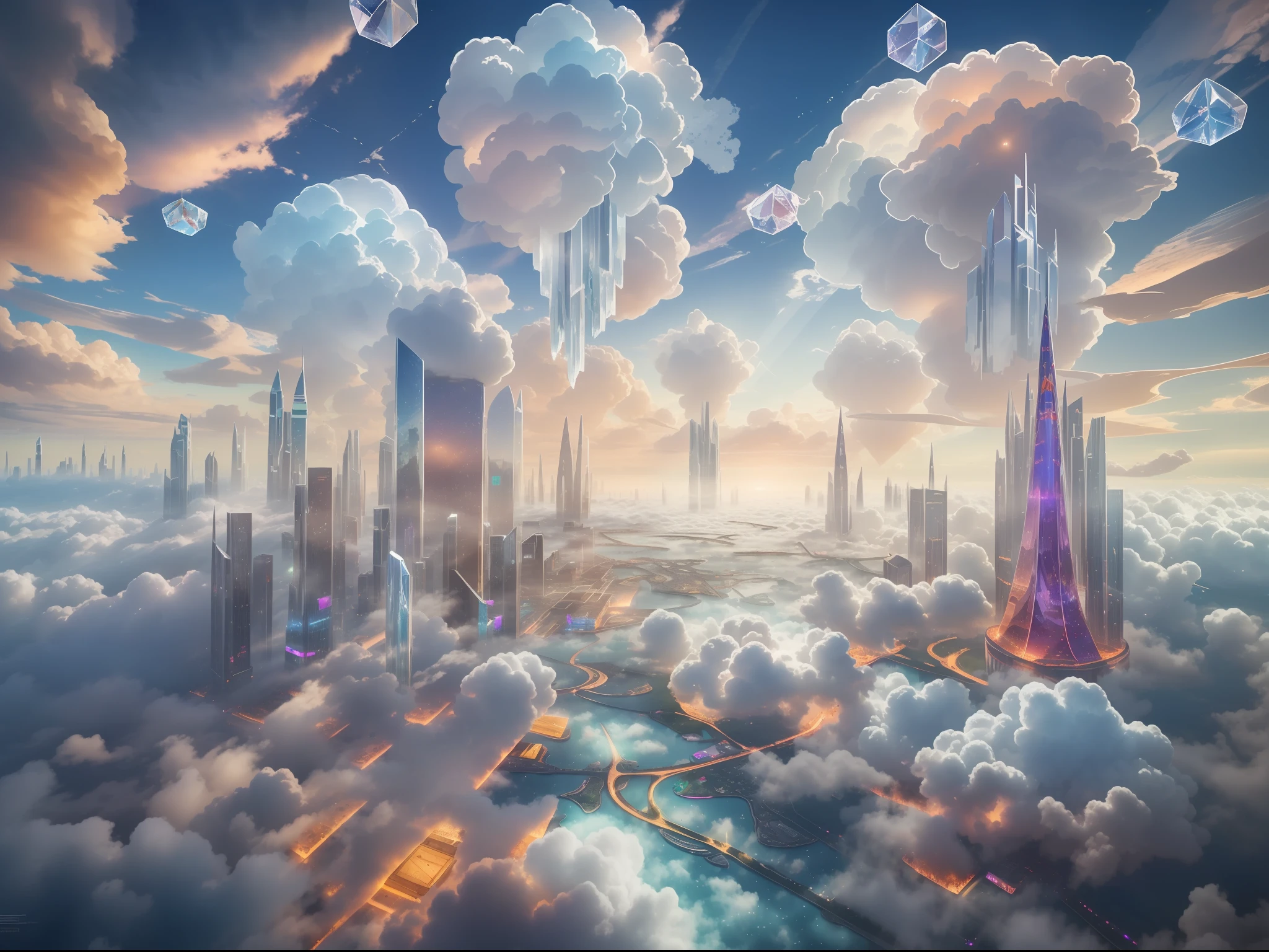 Above the clouds, towns and megastructures made up of crystal and glass buildings float in the sky,Ice crystals,Glowing glass house,Colorful clouds like marshmallows,Faraway view,tmasterpiece,hyper-high detail,Best quality,8K,depth of fields,wonderful,Incredible。