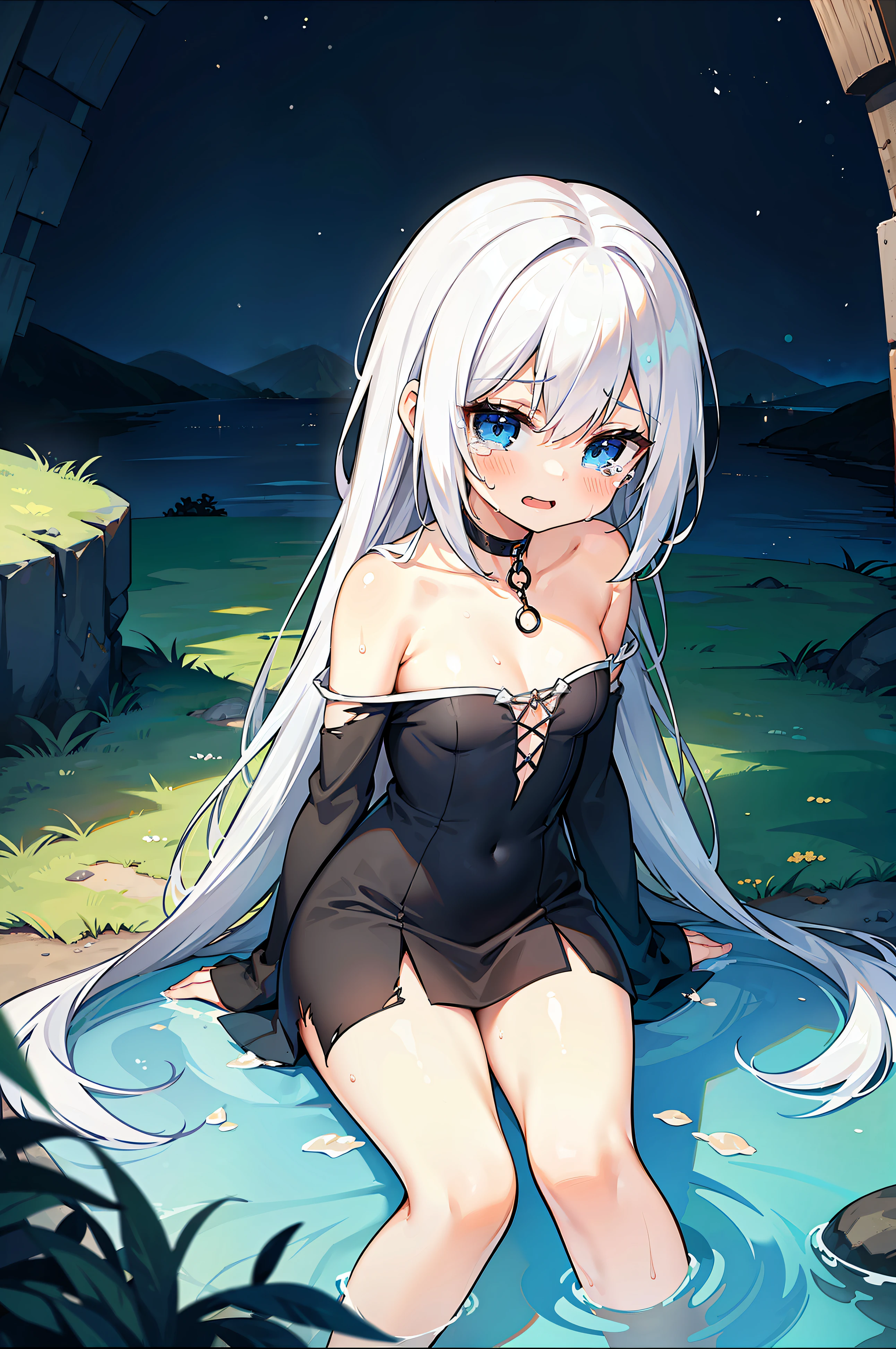 （1 girl sitting in a cave，With tears，Cheap clothes from the Middle Ages，the dress is torn and dirty，The girl is in pain，the clothes are all wet），White hair，eBlue eyes，choker necklace