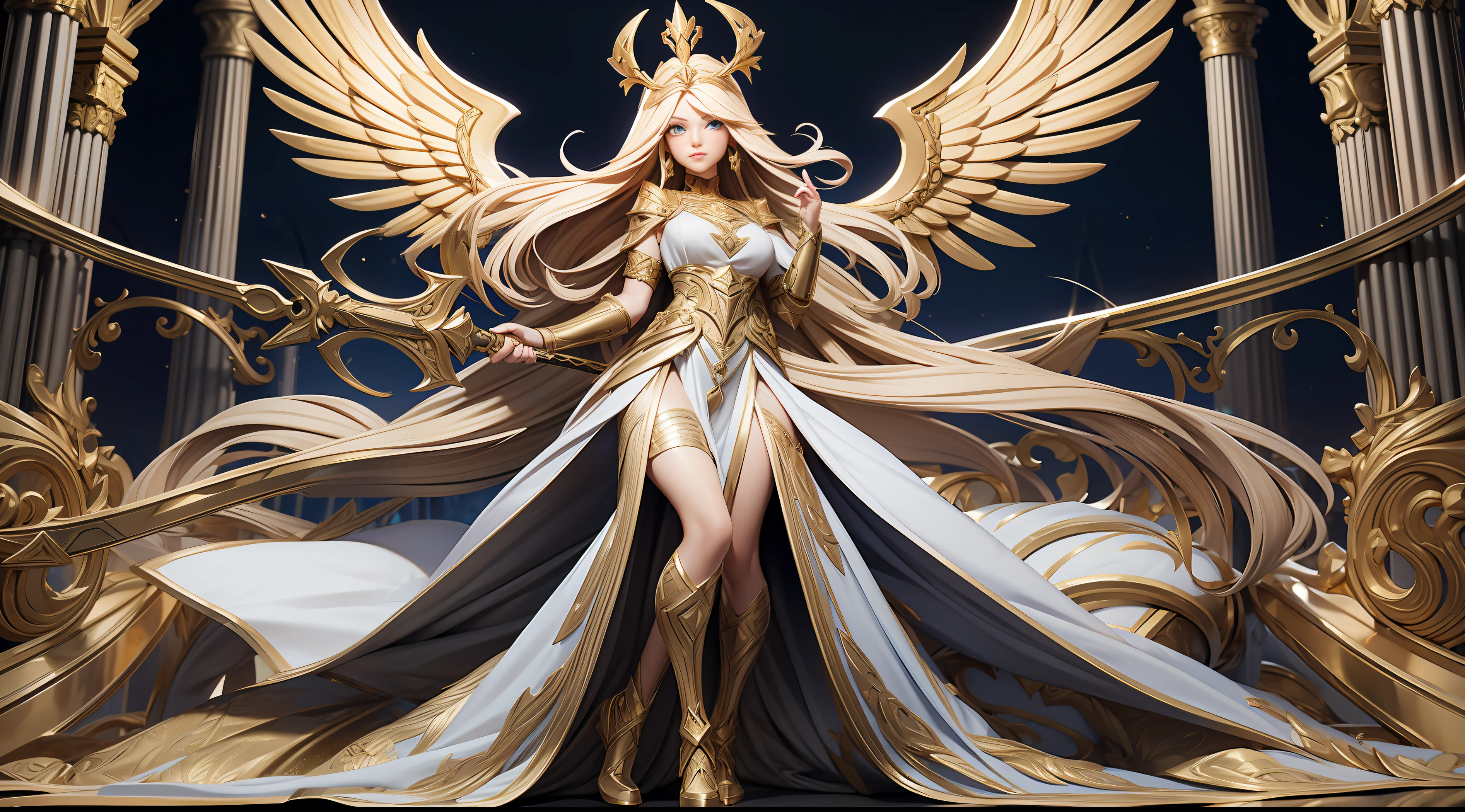 full body picture Unreal Engine 5 8K UHD of beautiful women, long blonde hair, warrior angel, fantasy world, long dress with gold lace, gold accessories, azure eyes, gold high heels, gold earrings, holding a sword, magical gold crown, white long glove with arm cuffs, best quality, masterpiece