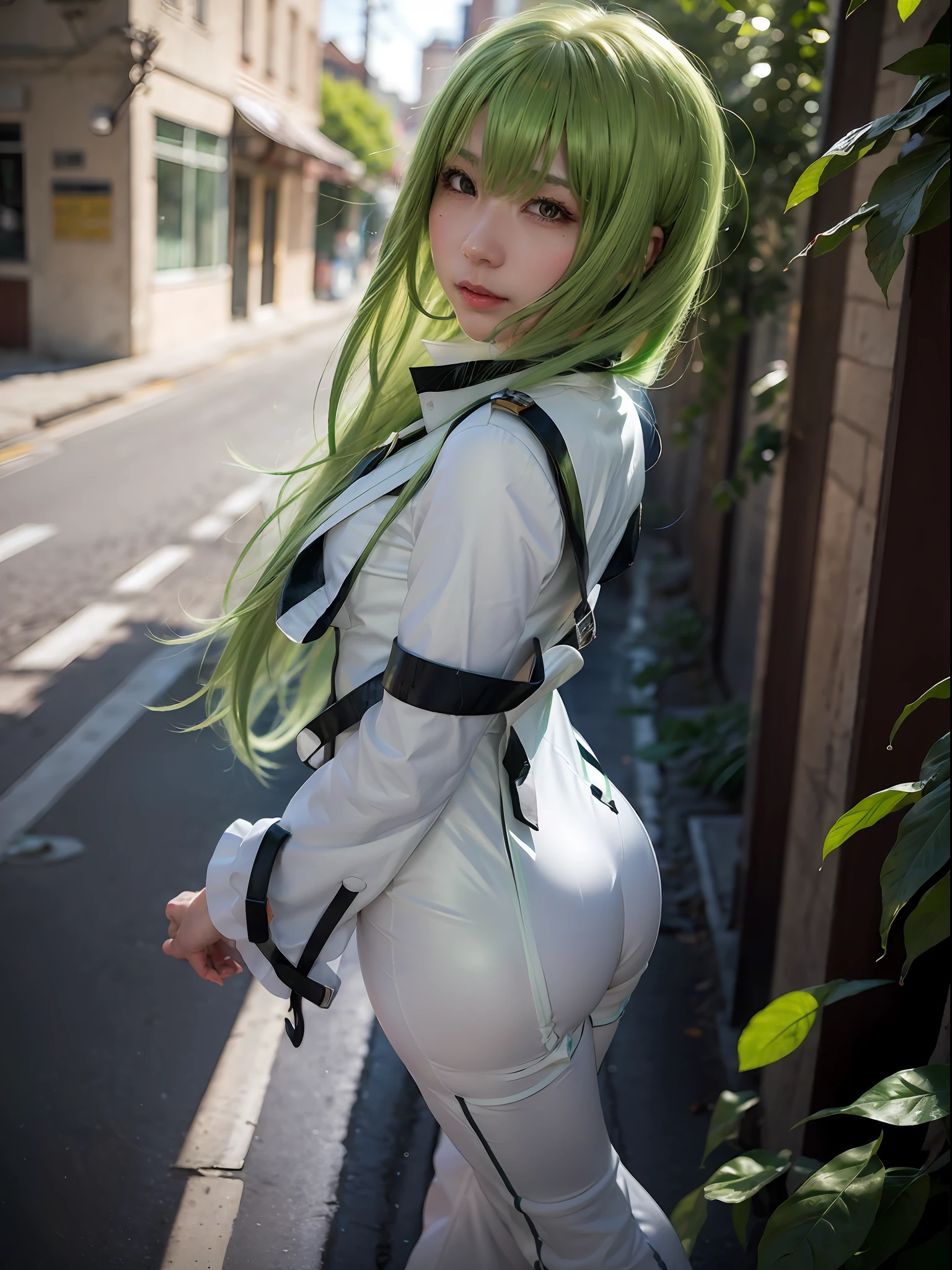 (masterpiece, best quality:1.4), (outside abandoned street, green plants background:1.2), (standing:1.2), (full body), (from back), 1girl, solo, (european youth:1.5), (european:1.5), cosplay, realistic, green hair, long hair, straitjacket, (shining orange eyes:1.2), (ultra-detailed, best shadow, volumetric lighting), very long hair, zipper, white straitjacket, beautiful face, highly detailed face, sexy smile, sexy ass, highly detailed skin, skin pores, subsurface scattering, medium breast, full face blush, full lips, detailed background, depth of field, volumetric lighting, sharp focus, absurdres, realistic proportions, good anatomy, (realistic, hyperrealistic:1.4), 16k hdr,