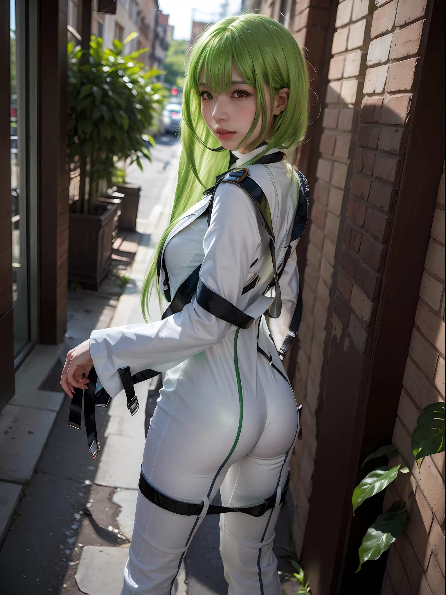 (masterpiece, best quality:1.4), (outside abandoned street, green plants background:1.2), (standing:1.2), (full body), (from back), 1girl, solo, (european youth:1.5), (european:1.5), cosplay, realistic, green hair, long hair, straitjacket, (shining orange eyes:1.2), (ultra-detailed, best shadow, volumetric lighting), very long hair, zipper, white straitjacket, beautiful face, highly detailed face, sexy smile, sexy ass, highly detailed skin, skin pores, subsurface scattering, medium breast, full face blush, full lips, detailed background, depth of field, volumetric lighting, sharp focus, absurdres, realistic proportions, good anatomy, (realistic, hyperrealistic:1.4), 16k hdr,