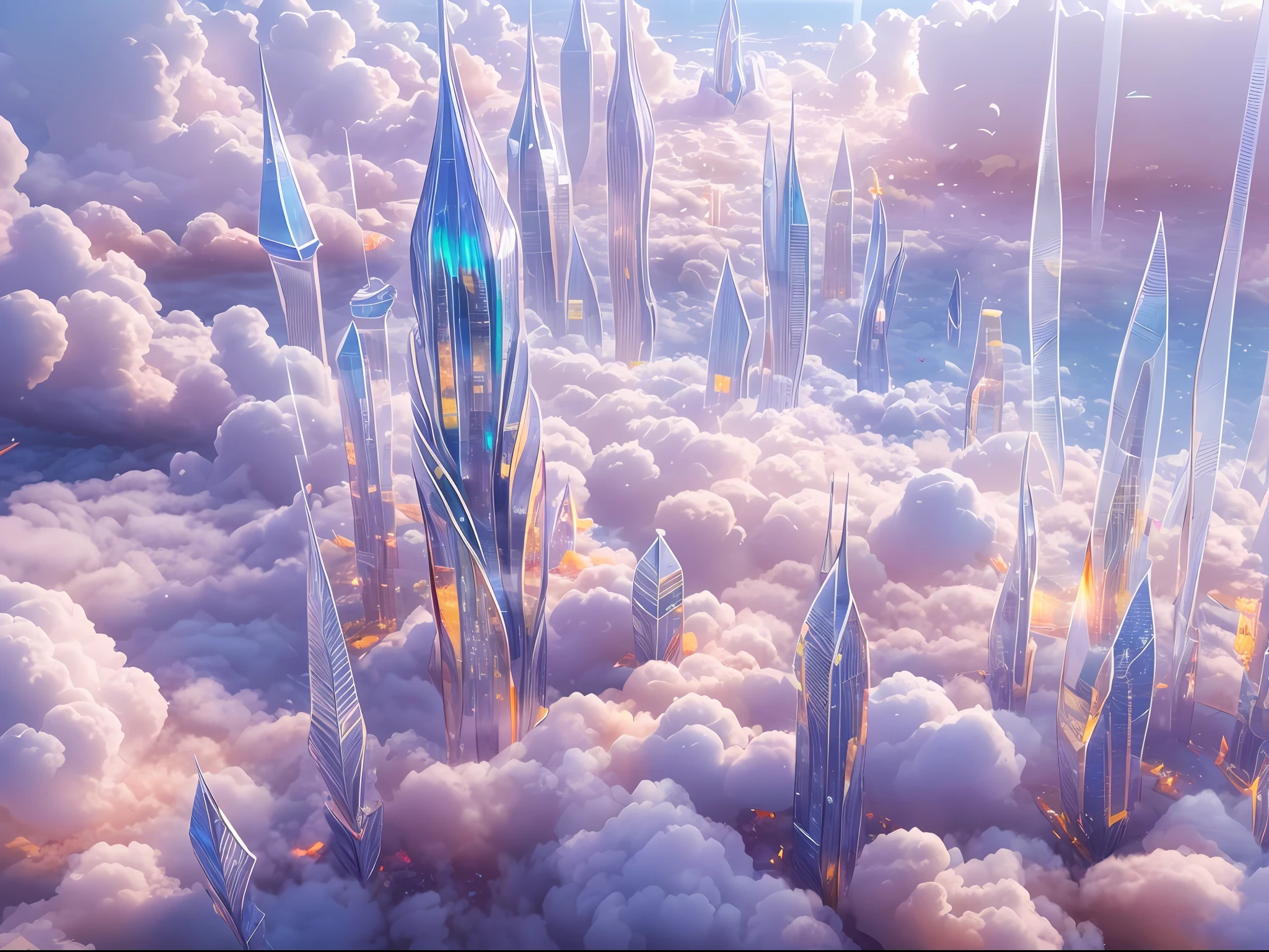 Above the clouds, a complex of glass buildings floats in the sky，Ice crystals，Glowing glass house，Colorful clouds like marshmallows，Faraway view，tmasterpiece，hyper-high detail，Best quality，8K，depth of fields，wonderful，Incredible。