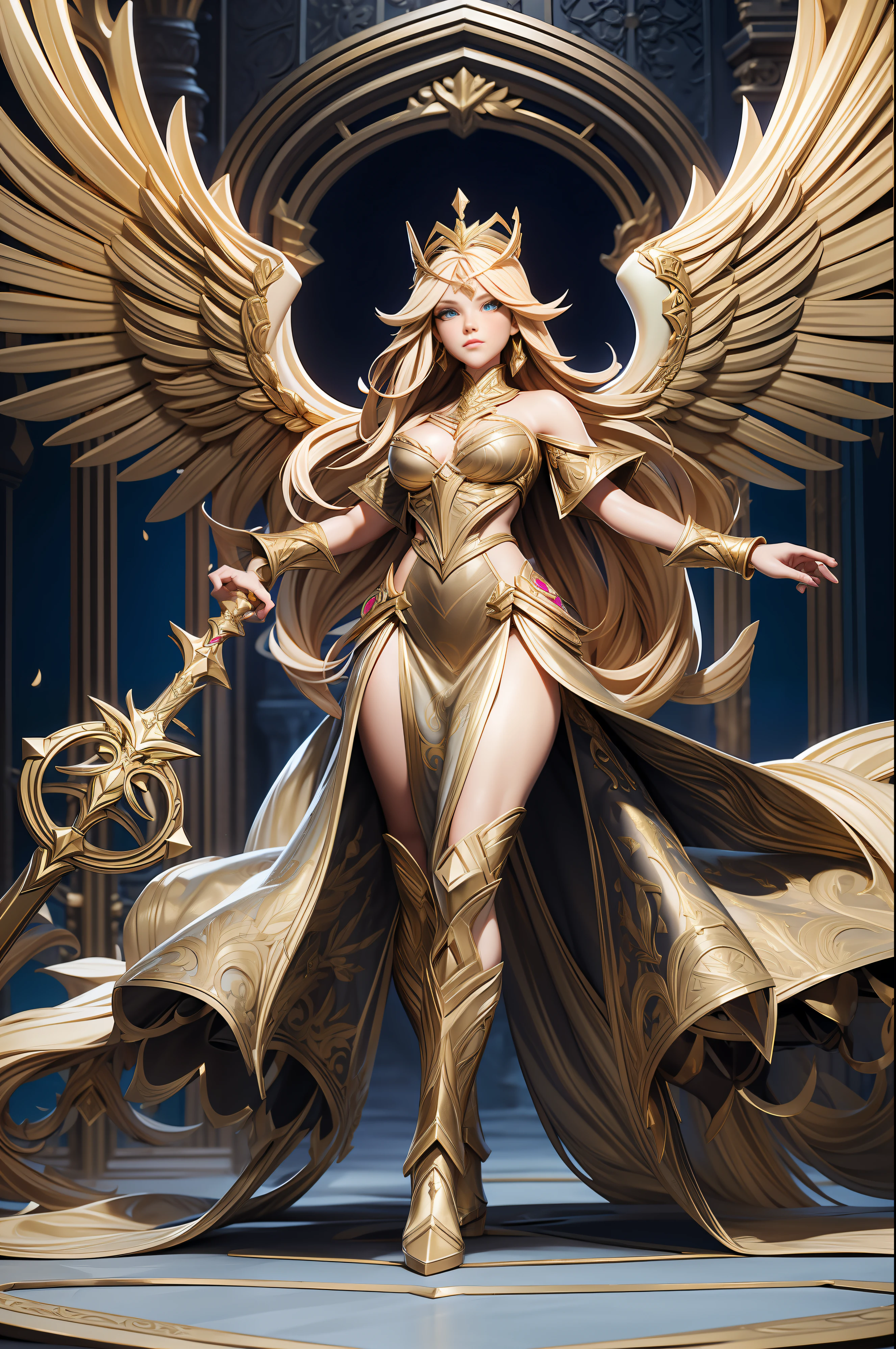 full body picture Unreal Engine 5 8K UHD of beautiful women, long blonde hair, warrior angel, fantasy world, long dress with gold lace, gold accessories, azure eyes, gold high heels, gold earrings, holding a sword, magical gold crown, white long glove with arm cuffs, best quality, masterpiece