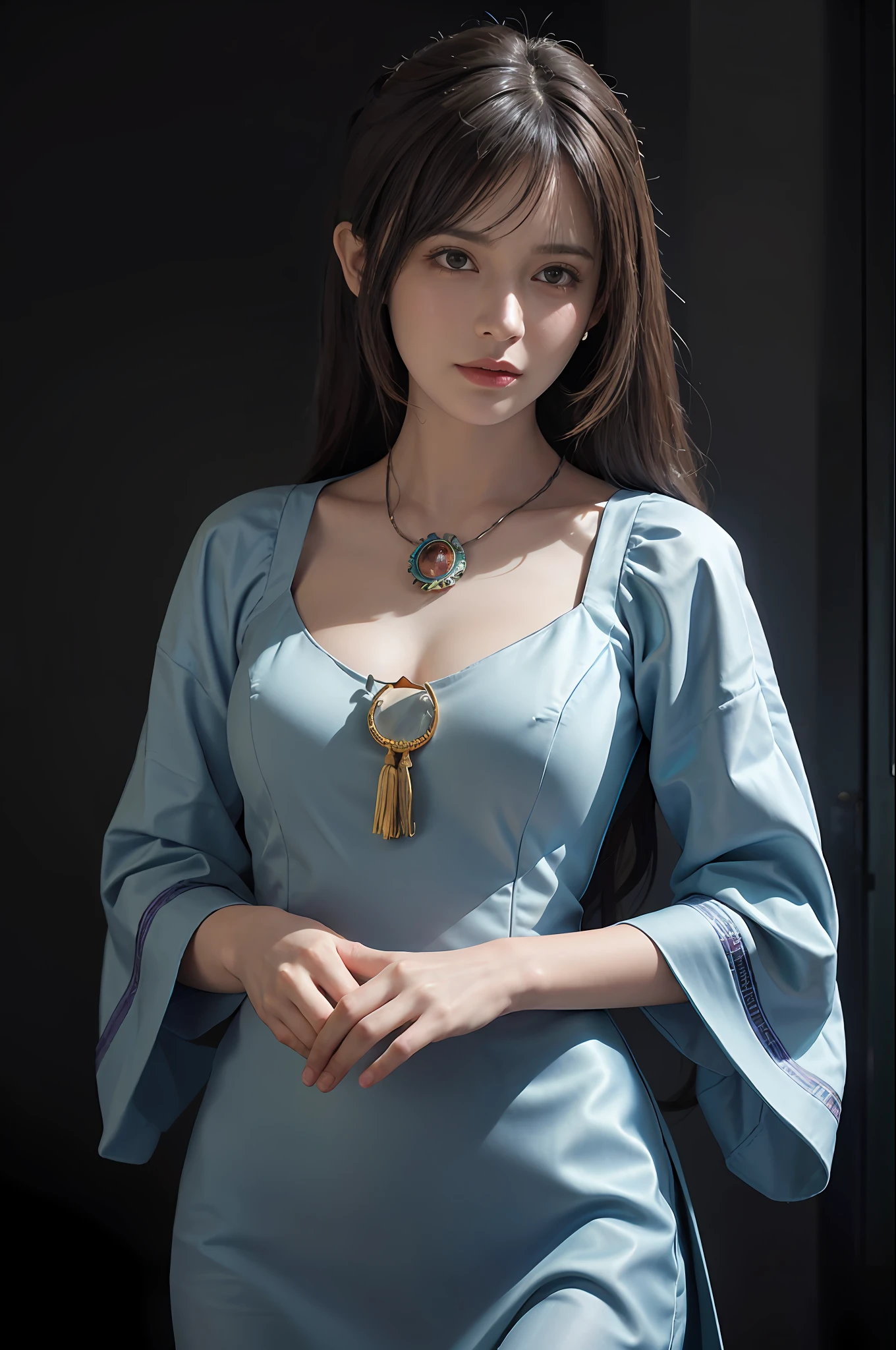 Hyperrealist portrait of female by david hockney and alphonse mucha,fantasy art, photo realistic, dynamic lighting, artstation, poster, volumetric lighting, very detailed faces, 4 k, award winning,, 1girl, in the dark, deep shadow, low key,cowboy shot,(official clothing:1.4) ,long hair,white hair,