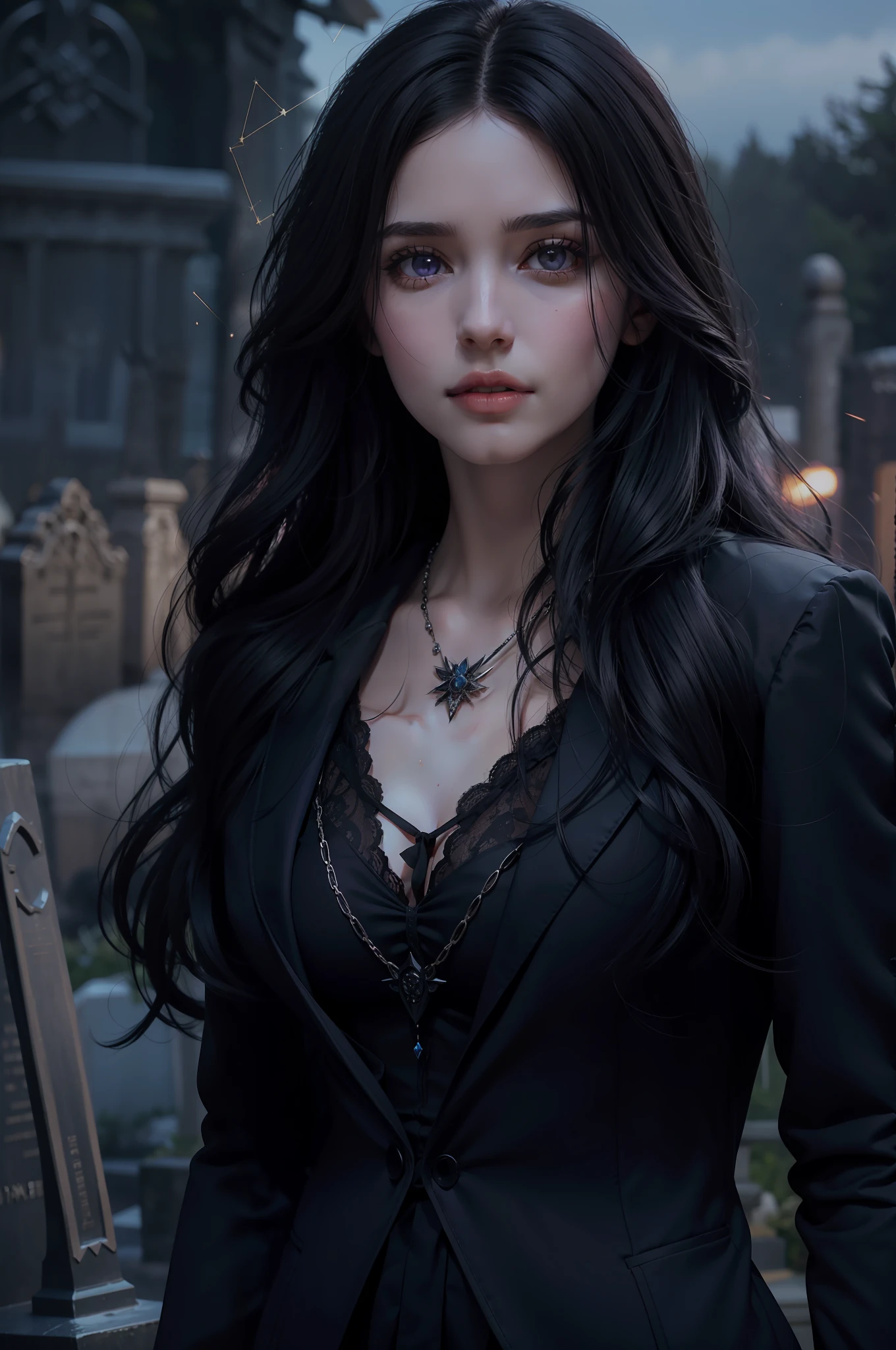 Beautiful woman reminiscent of Yennefer from The Witcher with long black hair and violet eyes bright as constellations, obra prima, ultra qualidade, 8k, cabelos caindo sobre seus ombros, in the background a cemetery, She's wearing a black suit and tie.....