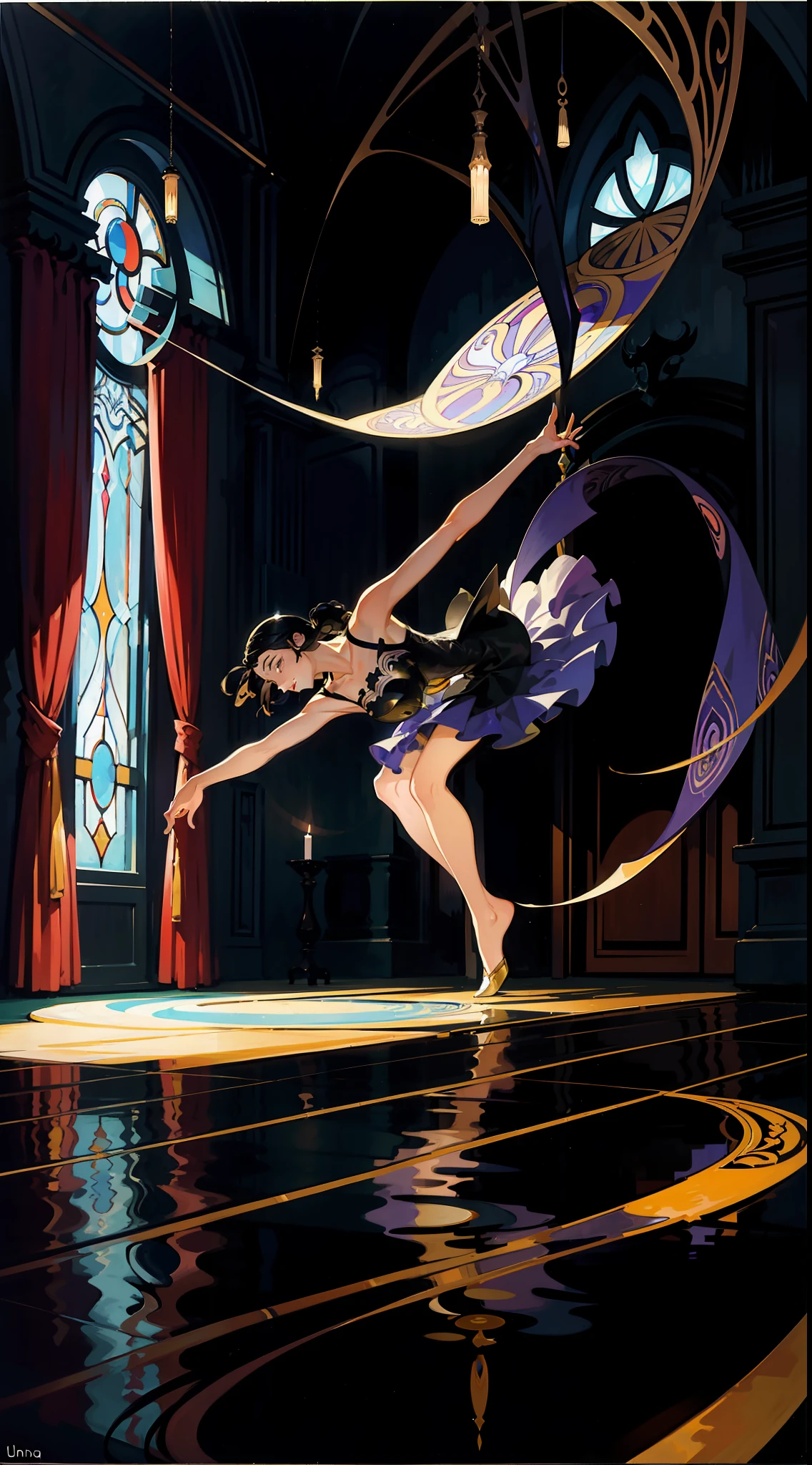 Una imagen en estilo art nouveau, Surrealista y abstracto. A woman dances in a dark room lit by several candles, Su sombra reflejada en la pared tiene la forma de un demonio..