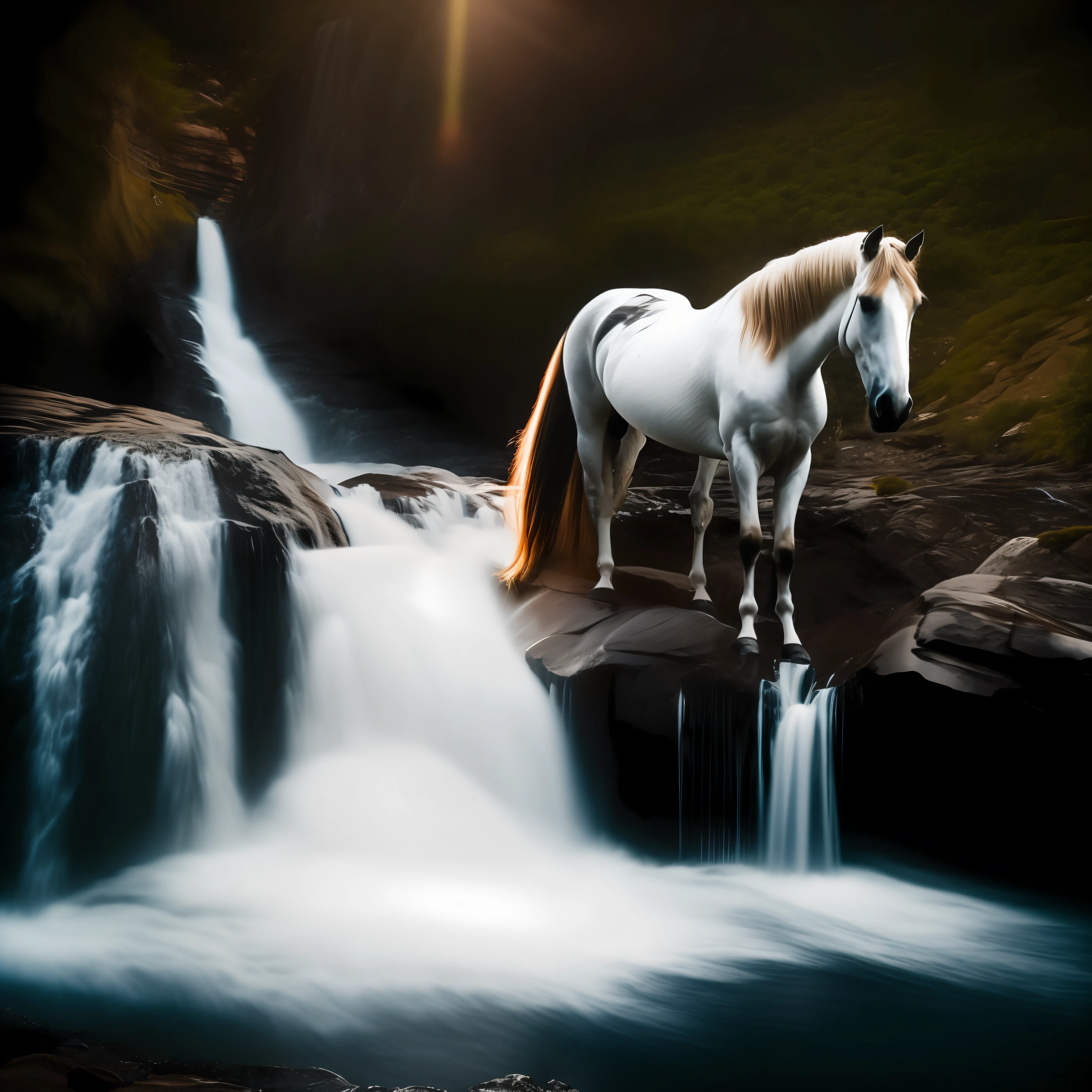 Split lighting shot of horse on waterfall hikes, fotorrealista, cinematography lighting, volumetric illumination, atmosfera oscura
