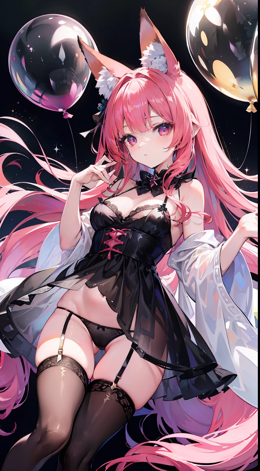 high quality, masterpiece, ultra-detailed, lingerie, panties, thigh highs, extremely coloured, little girl, beautiful, shiny skin, huge translucent eyes, long hair, fox ears, transparent balloons with glitter inside,