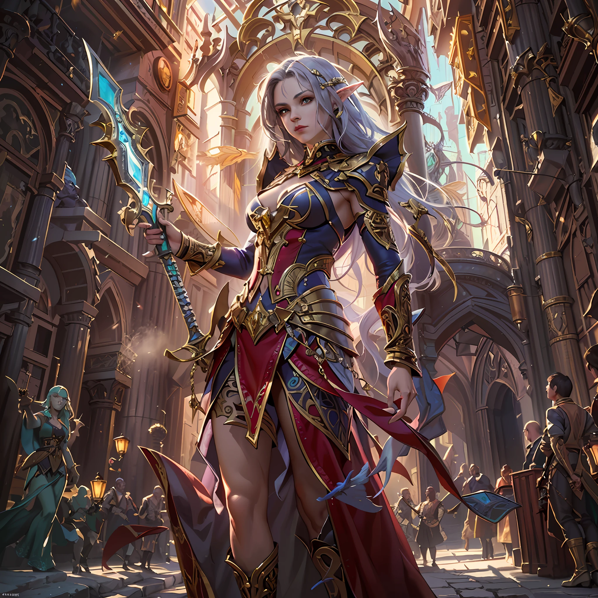 high details, best quality, 8k, [ultra detailed], masterpiece, best quality, (extremely detailed), dynamic angle, ultra wide shot, RAW, photorealistic, fantasy art, dnd art, rpg art, realistic art, a wide angle picture of an epic female elf arcane warrior, warrior of magic, fighter of the arcana, full body, [[anatomically correct]] full body (1.5 intricate details, Masterpiece, best quality) casting a spell (1.5 intricate details, Masterpiece, best quality), casting an epic spell, colorful magical sigils in the air, colorful arcane markings floating (1.6 intricate details, Masterpiece, best quality) armed with an [epic magical sword] (1.5 intricate details, Masterpiece, best quality) epic magical sword glowing in red light. in fantasy urban street (1.5 intricate details, Masterpiece, best quality), a female beautiful epic elf wearing elven leather armor (1.4 intricate details, Masterpiece, best quality), high heeled leather boots, thick hair, long hair, dynamic hair, fair skin intense eyes, fantasy city background (intense details), sun light, backlight, depth of field (1.4 intricate details, Masterpiece, best quality), dynamic angle, (1.4 intricate details, Masterpiece, best quality) 3D rendering, high details, best quality, highres, ultra wide angle