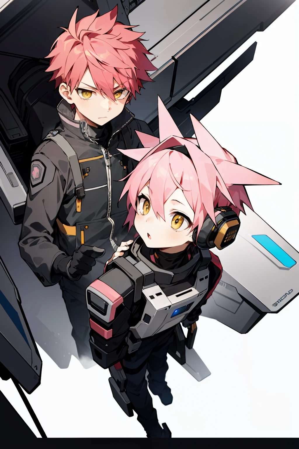 masterpiece, best quality, head-mounted display, full body, scared, short hair, pink hair,1 boy, spiky hair, yellow eyes, headphone, detailed face, machine engine wing