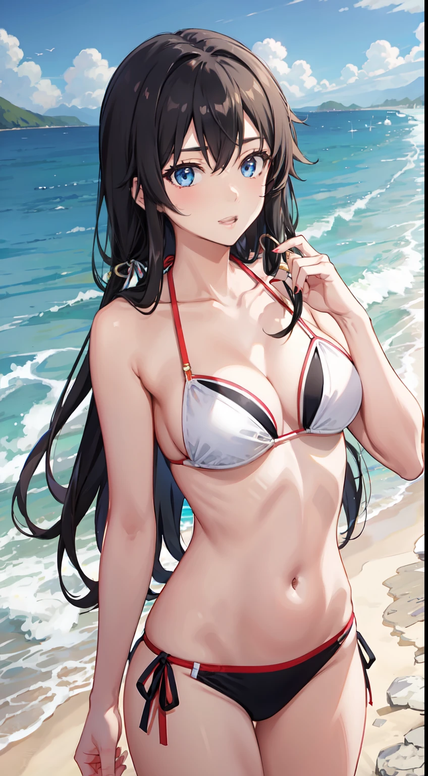 Yukino yukinoshita, long hair, cleavage, navel, slim legs, black hair, blue eyes, white side tie bikini, beach, body, nervous