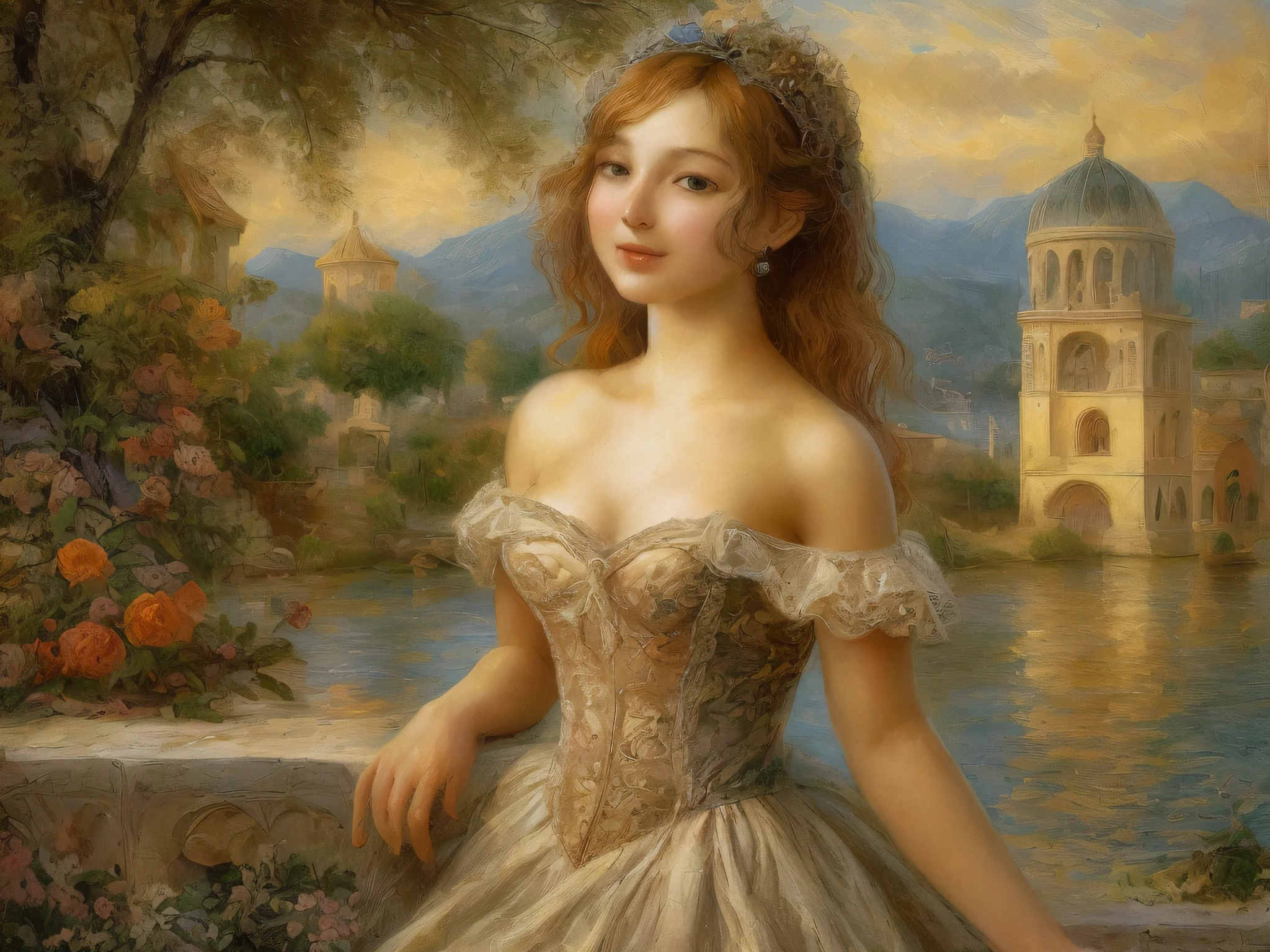[beste-Qualit, tmasterpiece, extra high resolution, photo-realistic, in the style of pin-up, 1girl, off-shoulder, ssmile:20]Background, intricate Renaissance landscape, higly detailed, impressionism:0.2