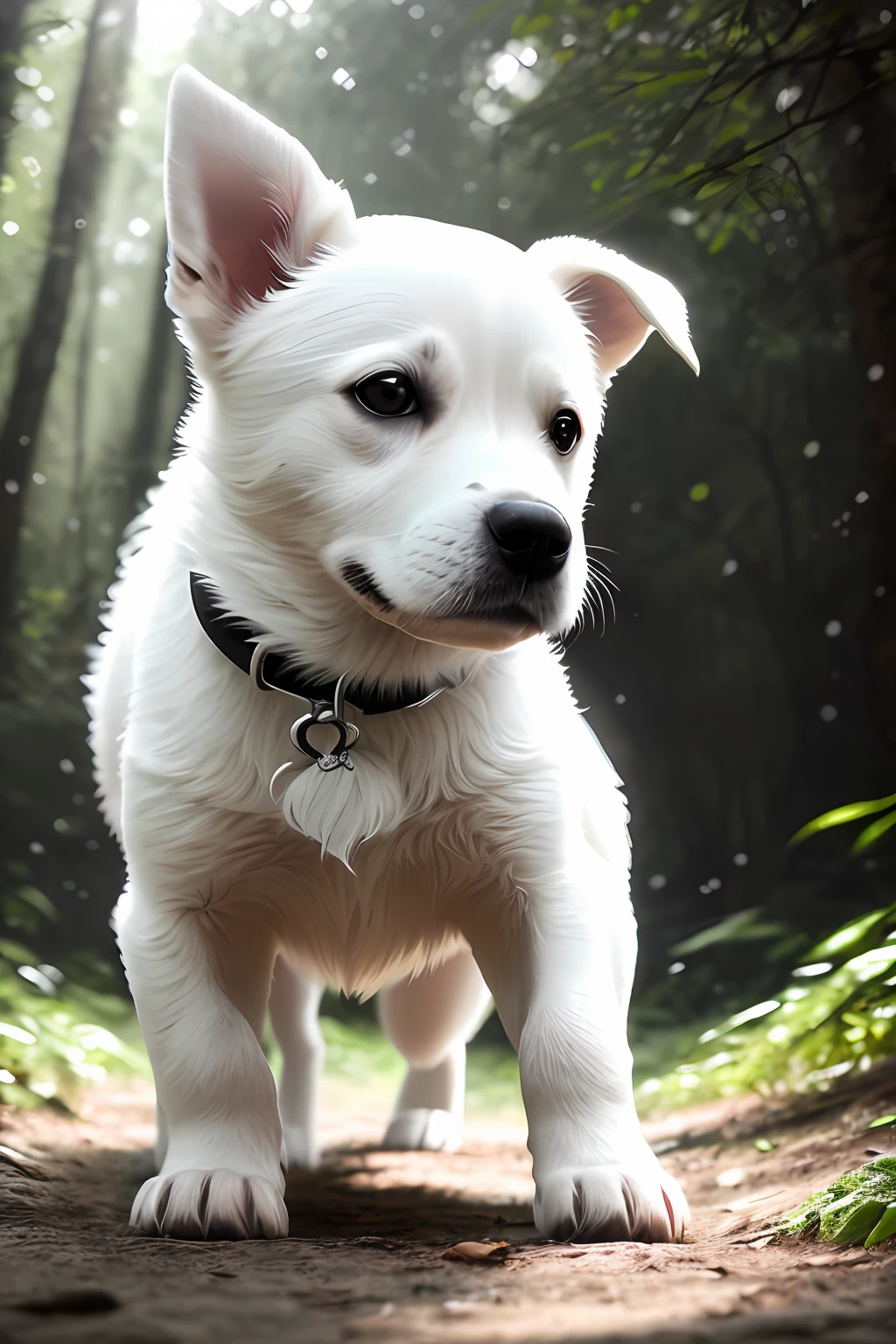 foto em close de um cachorrinho branco pulando muito fofo na floresta, look at a camera, soft volumetric lights, (backlit: 1.3), (kinematics: 1.2), detalhes complexos, (ArtStation: 1.3), Rutkowski