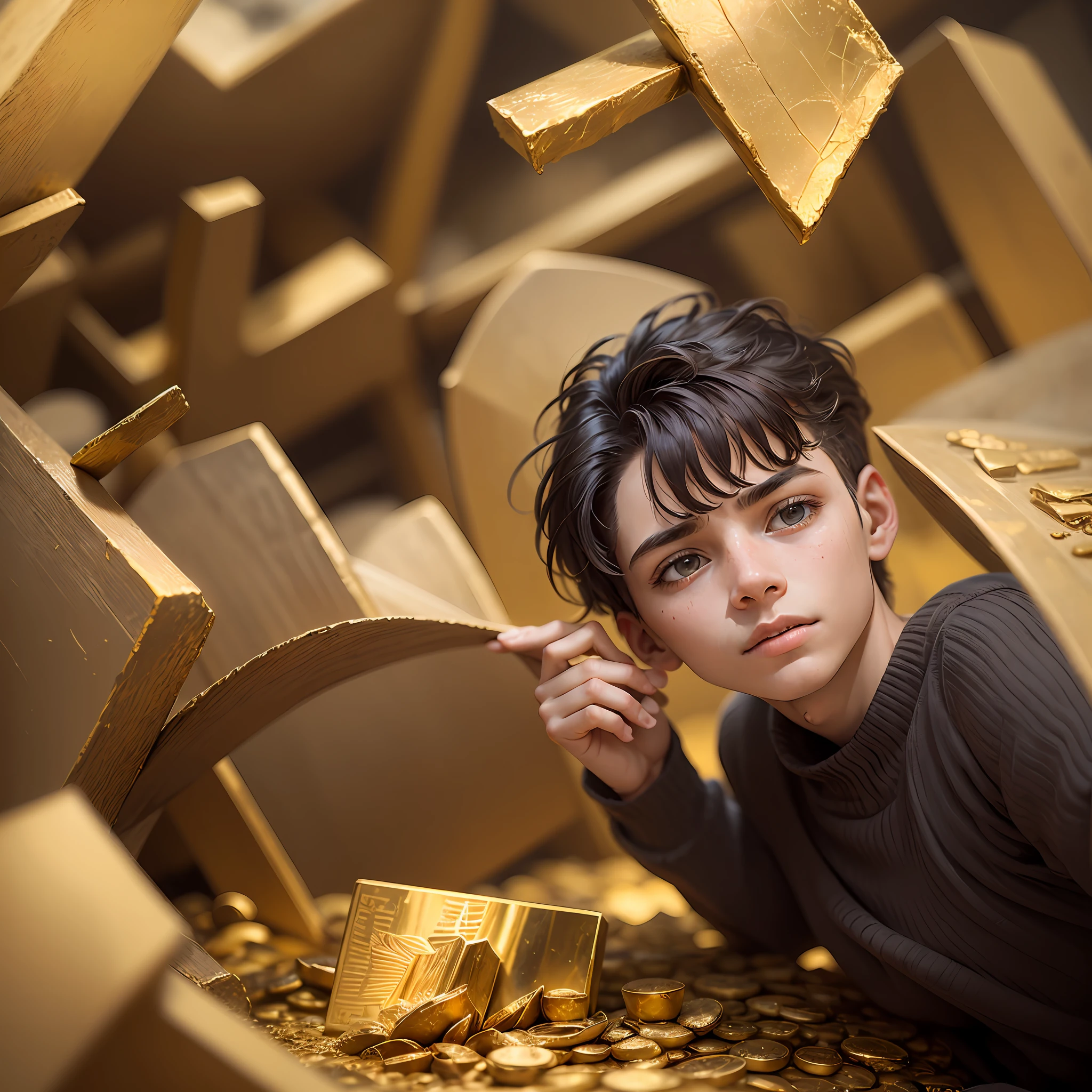 One beautiful boy searching The lost city of gold realstic , clearity 4k, nostalgic, masterpiece, old time building's & artifacts made of gold, close Pictures, touching the broken artifacts made of gold --auto --s2