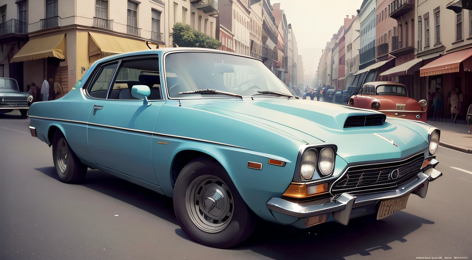 A vintage street scene from the 70s with an unusual and very curious car, with people walking and looking scared at it, a car with totally strange headlights, bumpers and wheels, a bizarre and curiously unique car, highlighted in dribbling, ultra realistic classic , supernatural, symmetrical.