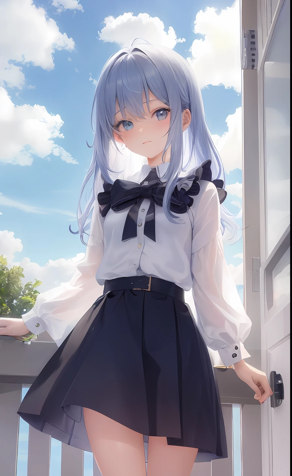 neocoill, tmasterpiece, Best quality at best, 1girll, JK, 独奏, Bedrooms, raining day, Skysky, Clouds, whaite hair, blue-sky, daysies, halter, The shirt, By bangs, Medium hair, longer sleeves, standing on your feet, , exteriors, looking at viewert, Separate mouths,cute female,
