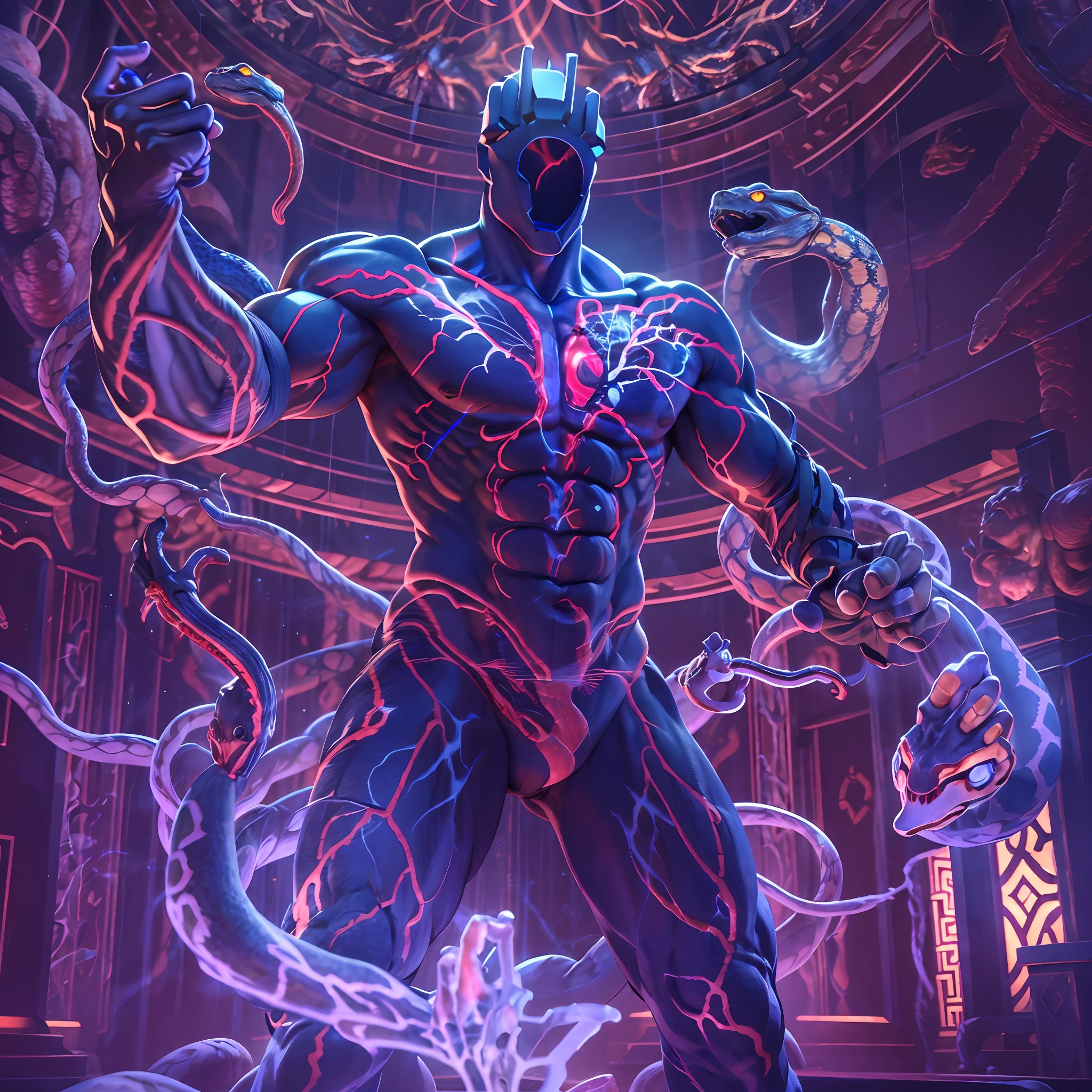 minos_prime, prime_sanctum, fighting stance, blue aura, serpents, fists raised, anatomical heart, circulatory system, transparent skin, photorealistic,8k uhd, intricate details,