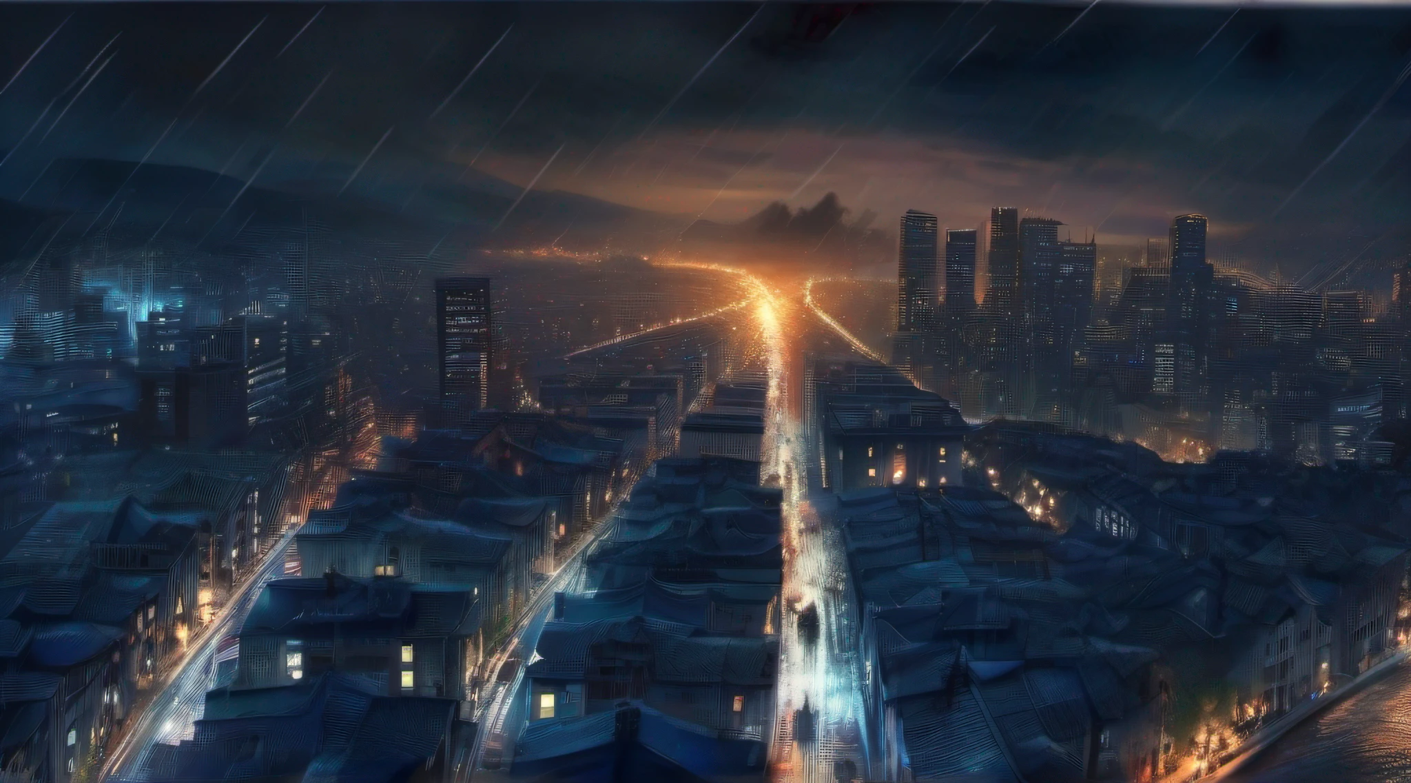 There is a dark and horrible city, night, with dark blue tones, camera angle from mid-above, city is a little secluded, high quality image, well rendered, a rainy day,