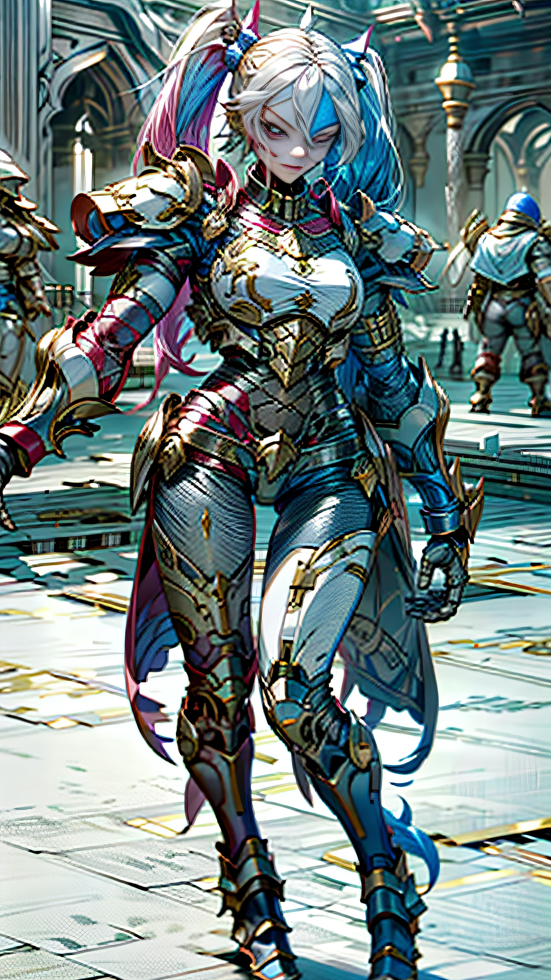Harley Quinn with steel armor, rosto a mostra, Rosto detalhado, 4K, maquiagem forte, cabelo loiro com machas azul e rosa, armadura com cores rosa azul e branco, Robotic armor, tecnologia na armadura, Corpo inteiro, Botas vermelhas, ao fundo cidade ciberpunk