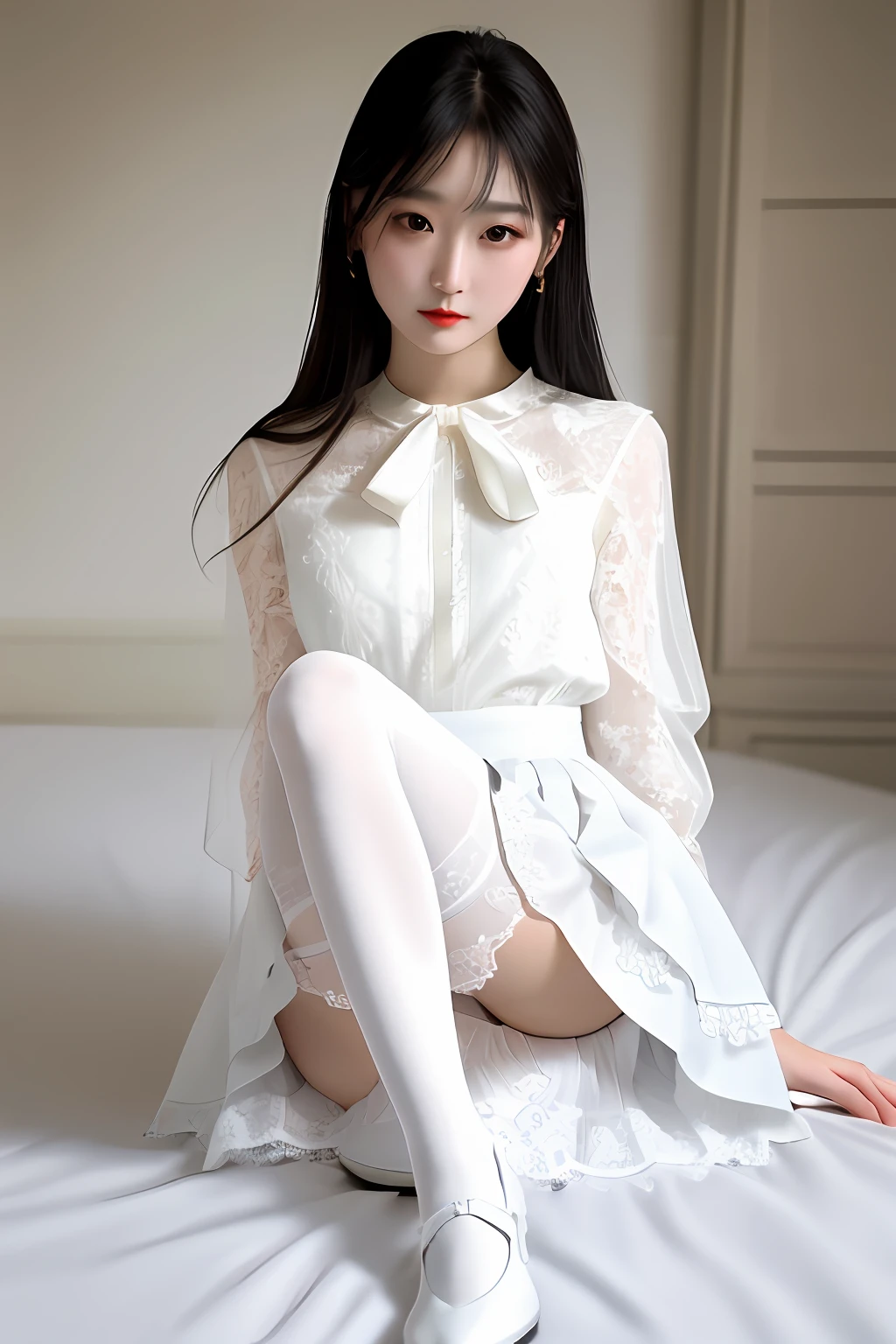 very detail eyes，Very delicate face，very beautiful women，Best quality at best，Super meticulous（Photorealsitic），Very delicate and beautiful legs，Beautiful black eyes，absurderes，Very detailed expression，Elegant anomalies，Long hair, very sexy, ultimate temptation, white stockings, jk skirt