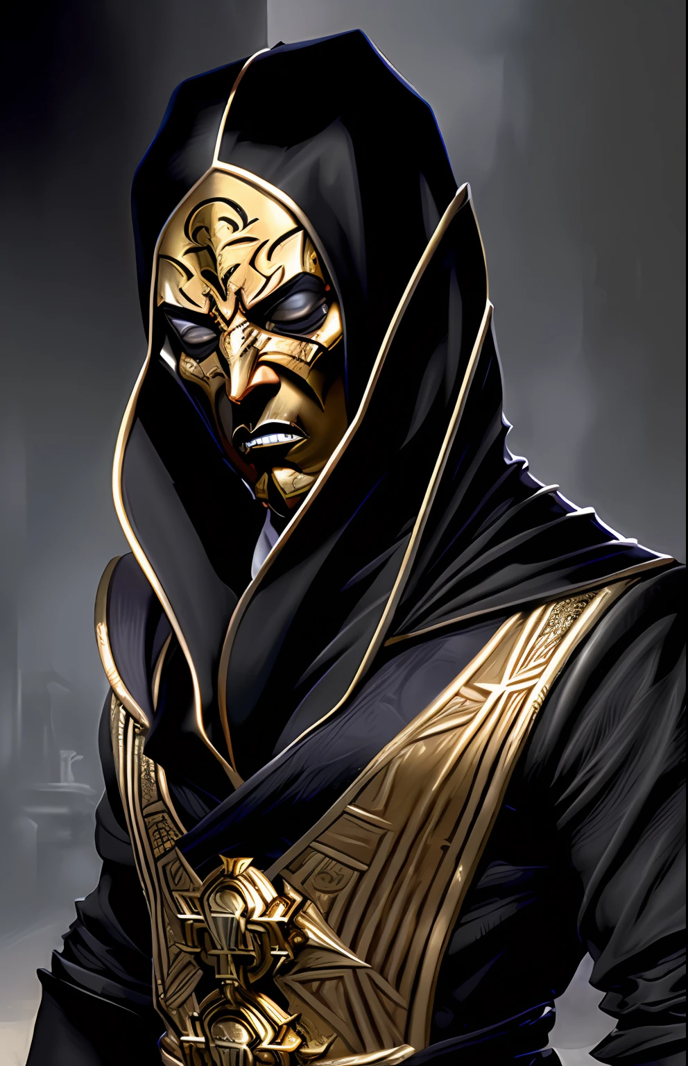 Style by Style Style-Crypt award winning epic oil painting of a cultist, scary intricate gold inlaid mask, (angry expression:1.2), sinister, evil, (backlighting:1.3), digital painting, concept art, smooth, sharp focus, rule of thirds, dark fantasy,intricate details, art by aleksi briclot, medium shot, (shallow depth of field:1.3)