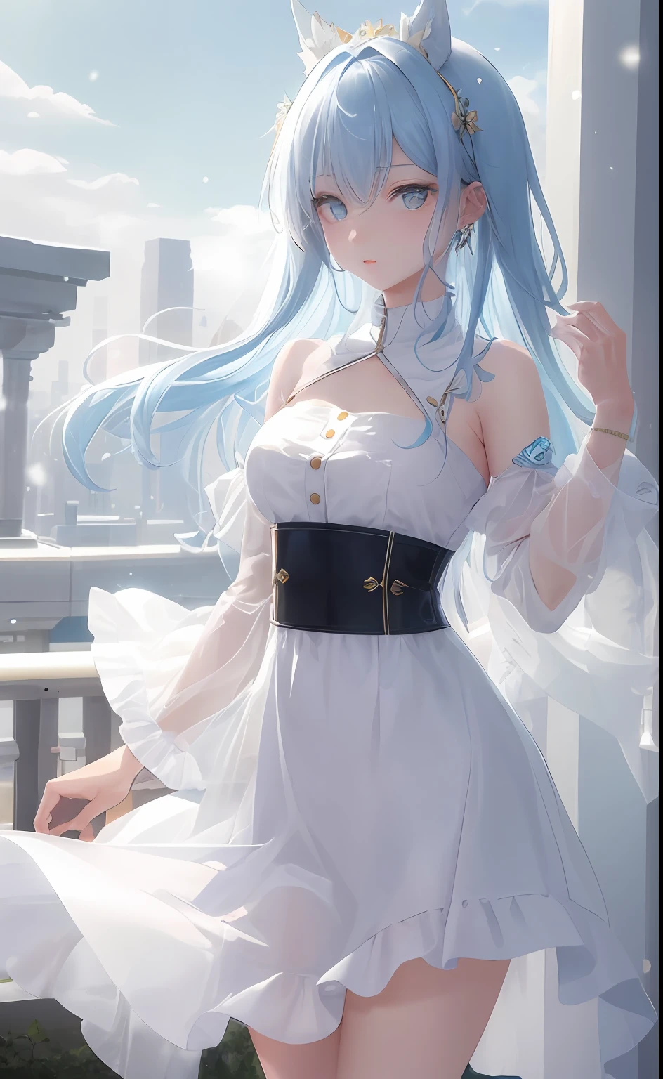 neocoill, tmasterpiece, Best quality at best, 1girll, JK, 独奏, Bedrooms, , raining day, Skysky, Clouds, whaite hair, blue-sky, daysies, halter, The shirt, By bangs, Medium hair, longer sleeves, standing on your feet, , exteriors, looking at viewert, Separate mouths,cute female,8k,The woman's body is shining with soft white light,Dressed in a light white dress,Great figure,Peerless looks。 Skin like snow,Clear eyes。 Her temperament,Cold as ice,As clean and flawless as jade,But delicate and moving。 The cold and cold breath that naturally emanates,People dare not approach easily。 in short,Beautiful as a fairy,That's it
