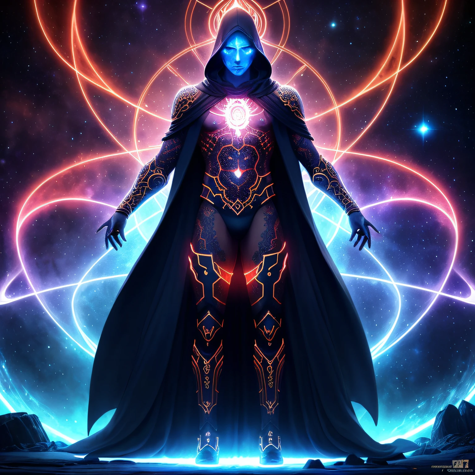 Full body Illustration of (a ((multiple-arm)) demiurge god, he has glowing red tattooed glyphs all over his naked muscular chest, glowing dark blue skin, he wears lich golden and black robes and cloak, mysterious face, evil, cosmic background, meditation pose, ((extra arms))) by Wlop and Artgerm, highres, octane rendered, centered, intricate, masterpiece, cosmic supernovas on the background