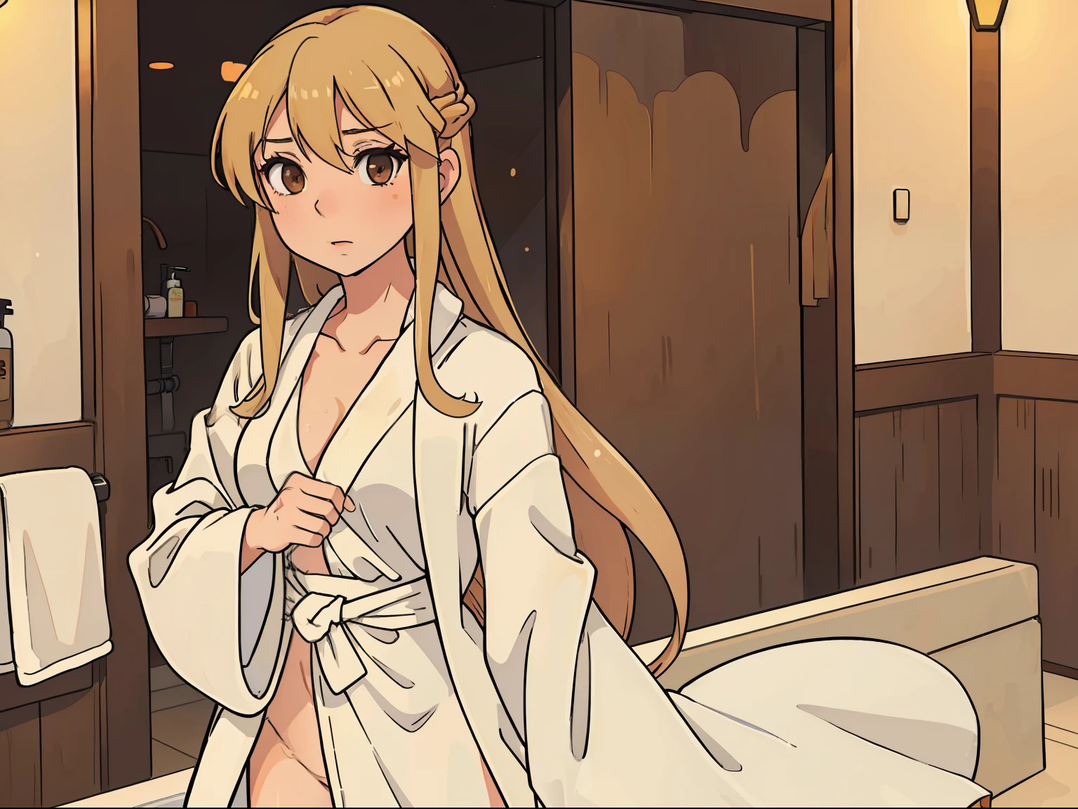 (Asuna1, solo, female, long blond hair, brown eyes, white hotel robe), entering the shower, hotel bathroom