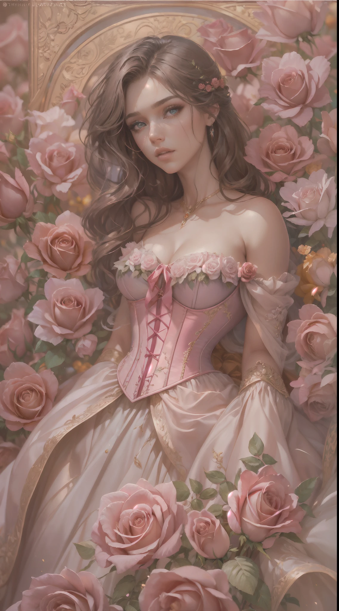 This is realistic fantasy artwork set in the castle's enchanted rose garden. Generate a proud woman with a highly detailed face dressed in the billowing folds of a stunning French silk ballgown. The woman's sweet face is ((((highly detailed, with realistic features and soft, puffy lips.))))  The ballgown is embellished with ruffles, sashes, and bows and a delicately, but intricately, hand-embroidered bodice. The corset features silk ribbon. The woman's stunning eyes are beautifully detailed, featuring realistic shading and multiple colors and high resolution. The woman is in a garden of eternal roses, each one beautifully formed and highly detailed. These realistic roses feature shimmering shades of pink, yellow, orange, and glimmering red. The eternal rose is a deep shade of red with shimmering pink overtones and undertones. Ensure that the woman's face, hair, and eyes are perfect. realism, high fantasy, whimsical fantasy, storybook fantasy, fairytale fantasy, fantasy details, enchanting, bewitching, 8k, hires, cgi, digital painting, unity, unreal engine, (((masterpiece))), intricate, elegant, highly detailed, majestic, digital photography, art by artgerm and ruan jia and greg rutkowski, (masterpiece, finely detailed beautiful eyes: 1.2), hdr, realistic skin texture, (((1woman))), (((solo))), Include a highly detailed face, extremely detailed face, and interesting background.