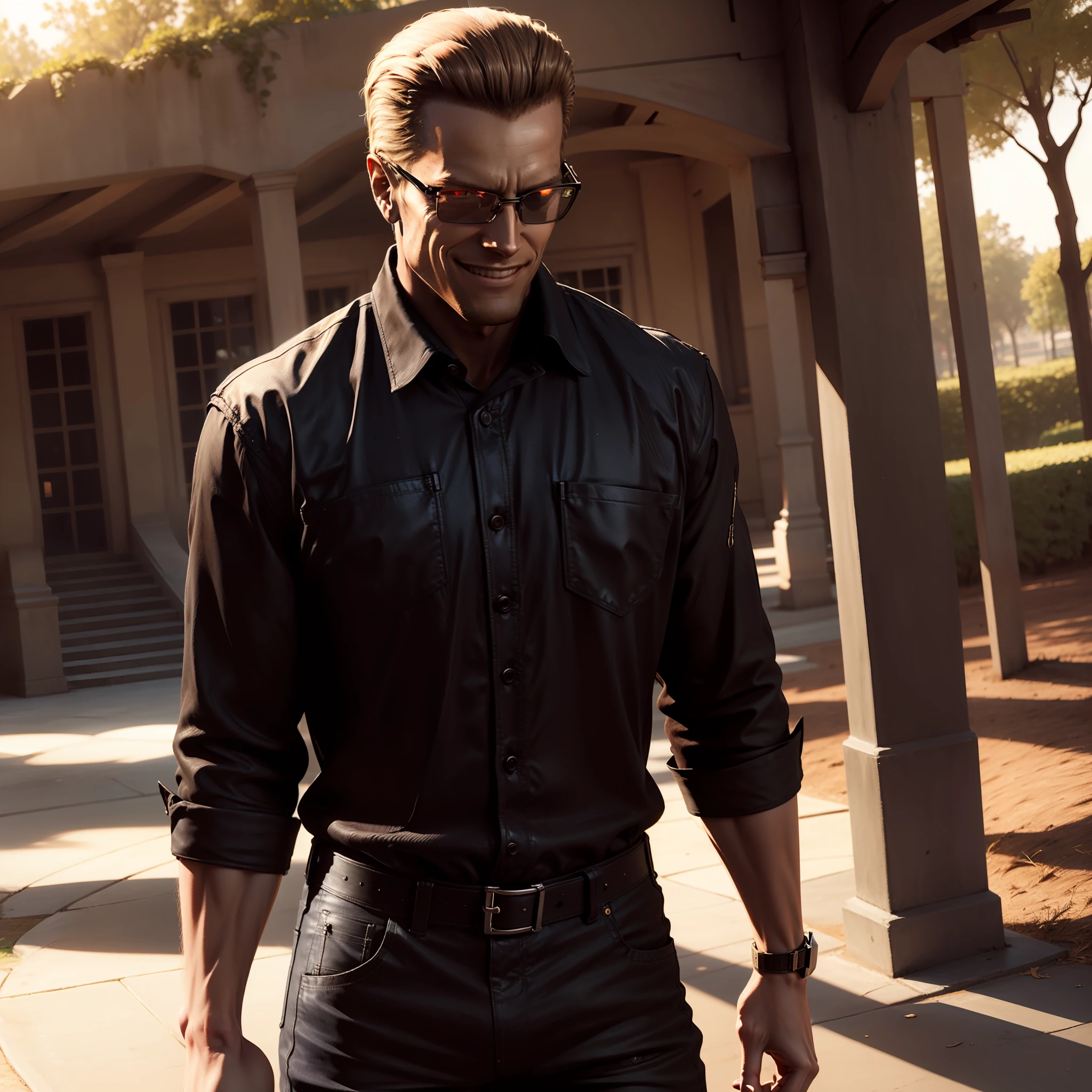 Wesker, wearing a black linen long sleeve shirt, looking casual, wearing elegant glasses, blue jeans, smiling, middle aged, at the park, sunny day, high quality, solo, single male, male focus