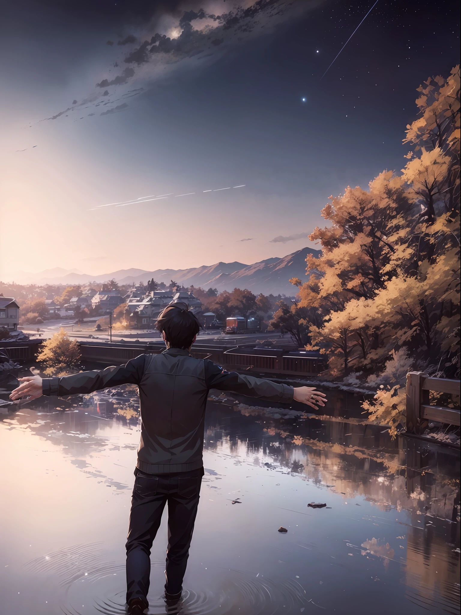 High quality masterpiece, landscape, anime train passing through bodies of water on tracks, bright starry sky. Romantic train, pixiv, concept art, lofi art style, reflection. by Makoto Shinkai, lofi art, Beautiful anime scene, Anime landscape, detailed scenery —width 672, in style of Makoto shinkai, style of Makoto shinkai, enhanced details.