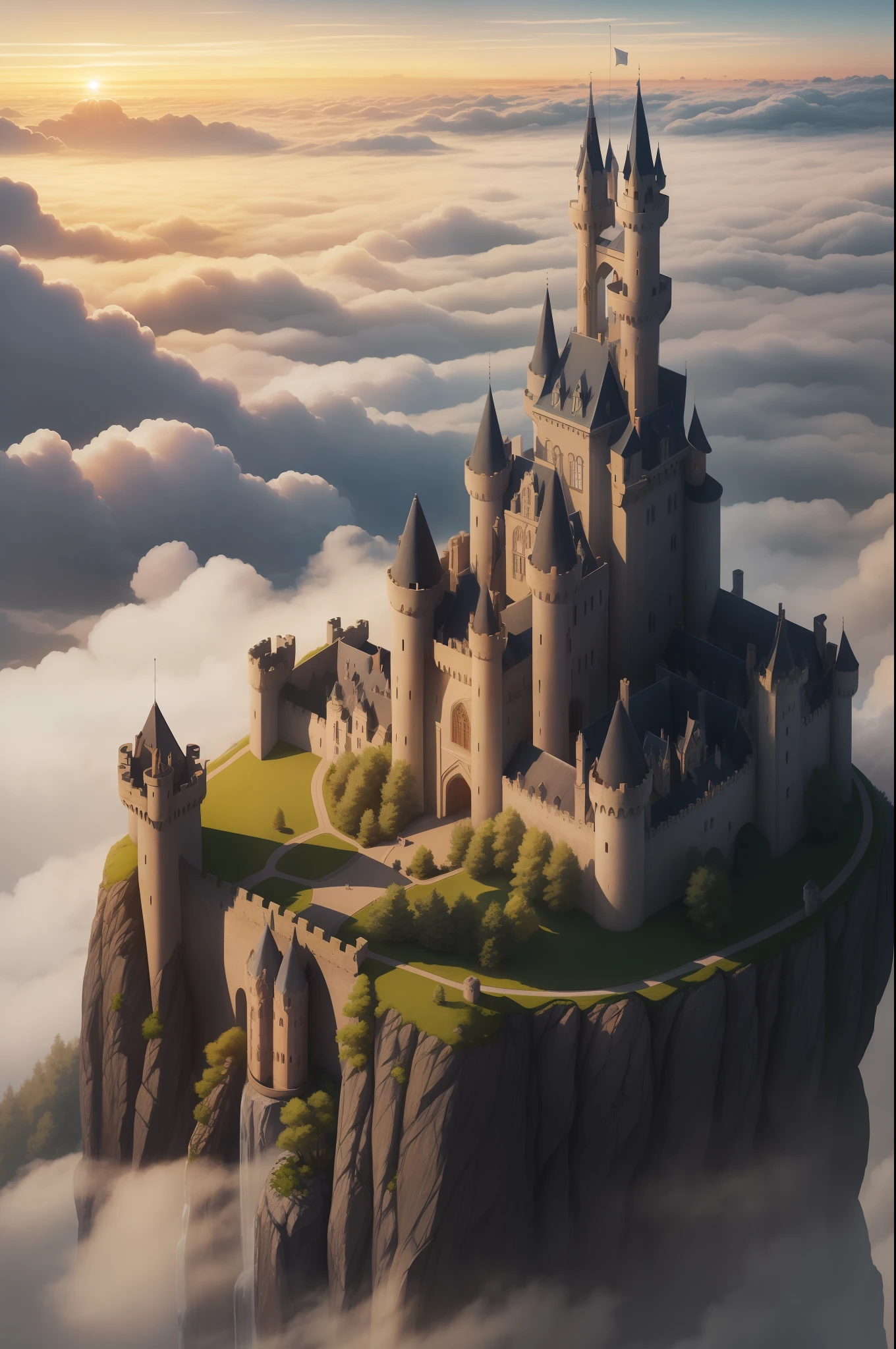 Isometric view of a Fairytale Castle, it's in a hill surrounded by clouds. Sixteen skinny, round towers are both a defensive and decorational aspect of this elegant castle. The walls are made of light bluish grey stone, black roofs. Many slightly illuminated windows are scattered thinly across the walls in an asymmetric pattern, along with overhanging crenelations for archers. The castle is surrounded by a garden barely seen through the fog. Clouds in beautiful pastel colours of sunset. Illuminated by natural light of sunset. Surrealist concept, Realistic ray traicing.
