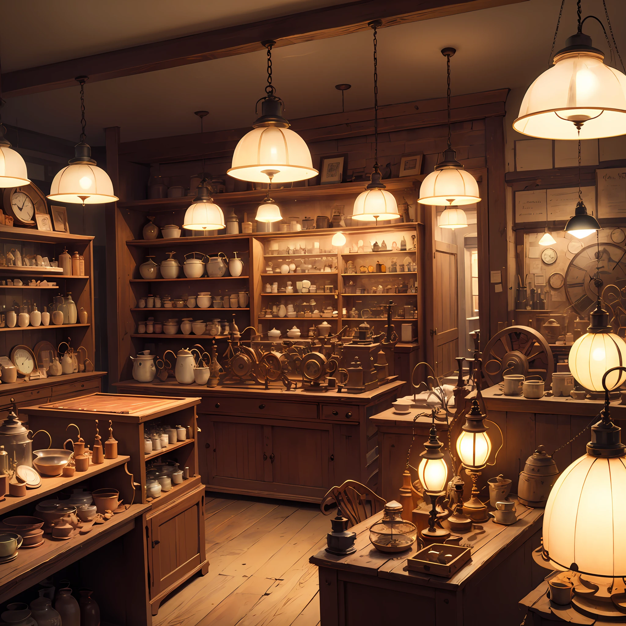A clock shop from the 1850 era. Bright decor with lamps. Machinery all around.