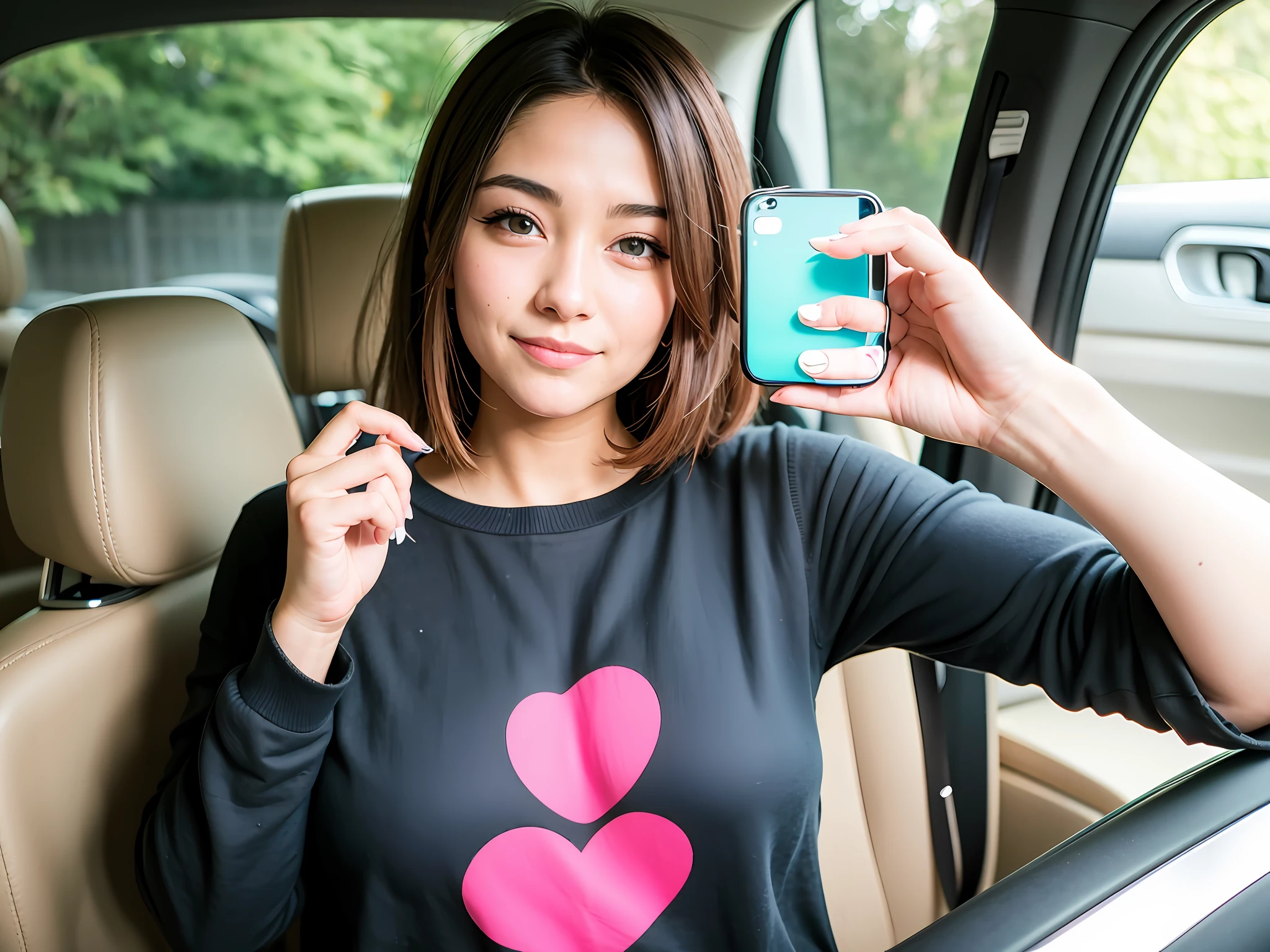 uma mulher usando uma camiseta de moletom azul tirando uma selfie dentro de um carro. The woman appears to be holding a cell phone and smiling at the camera. Ela tem longos cabelos pretos ondulados, a heart-shaped face, um nariz pequeno e delicado, medium pink lips and almond-shaped eyes in greenish brown color.