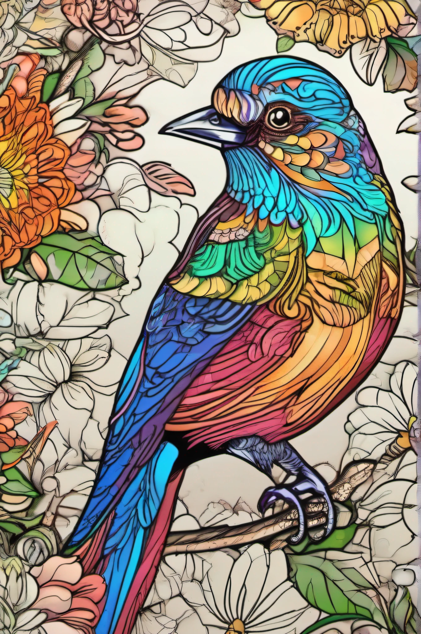 beautiful bird, multicolor, body,, coloring book page, multicolor hyper detailed line art, coloring expert