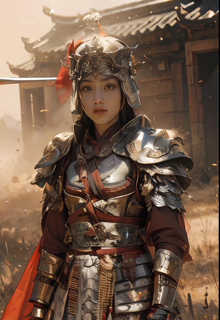 (Positive focus),(in the darkness nigth:1),(best qualtiy),(Fidelity:1),realistic skin textures,highly detailed,8k wallpaper,Volumetriclighting,动态照明,one-girl,red capelet,Silver armor,open waist,Bare chest,Open navel,show legs,A small amount of armor,Shoulder blades,Waist Guard,Hand Guard,Wear a veil,Riding a red horse,Hold a short sword in front of you,Ancient Chinese wind,Escape action,Run,Run away,Be hunted down,Short sword at the waist,attack pose,blood stain,Broken clothes,Ancient Chinese Battlefield,A group of ancient soldiers chased and killed,Arrows fly,There is a lot of war,In the daytime,Under the sunlight,Dramatic composition,