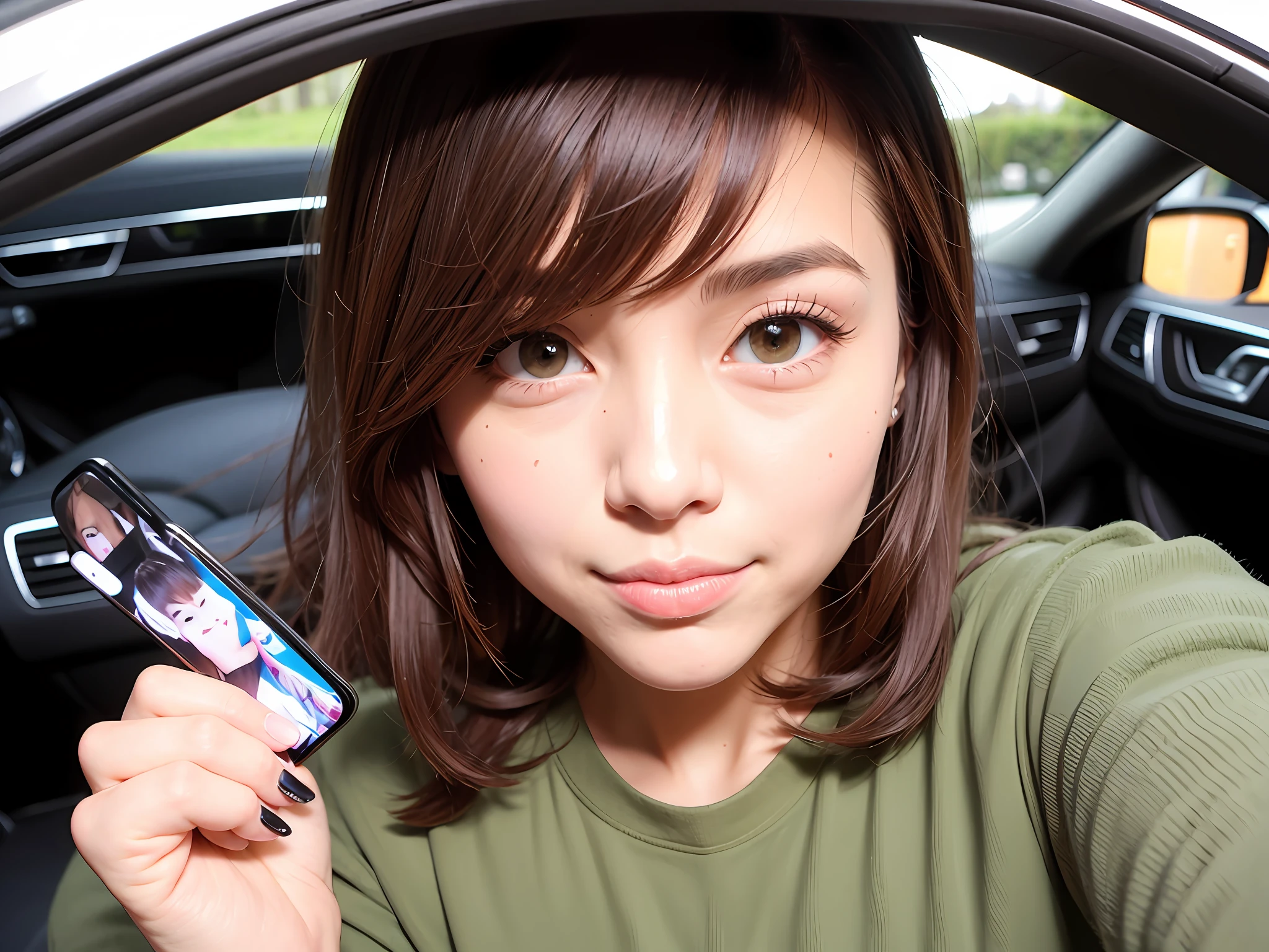 uma mulher usando uma camiseta de moletom azul tirando uma selfie dentro de um carro. The woman appears to be holding a cell phone and smiling at the camera. Ela tem longos cabelos pretos ondulados, a heart-shaped face, um nariz pequeno e delicado, medium pink lips and almond-shaped eyes in greenish brown color.