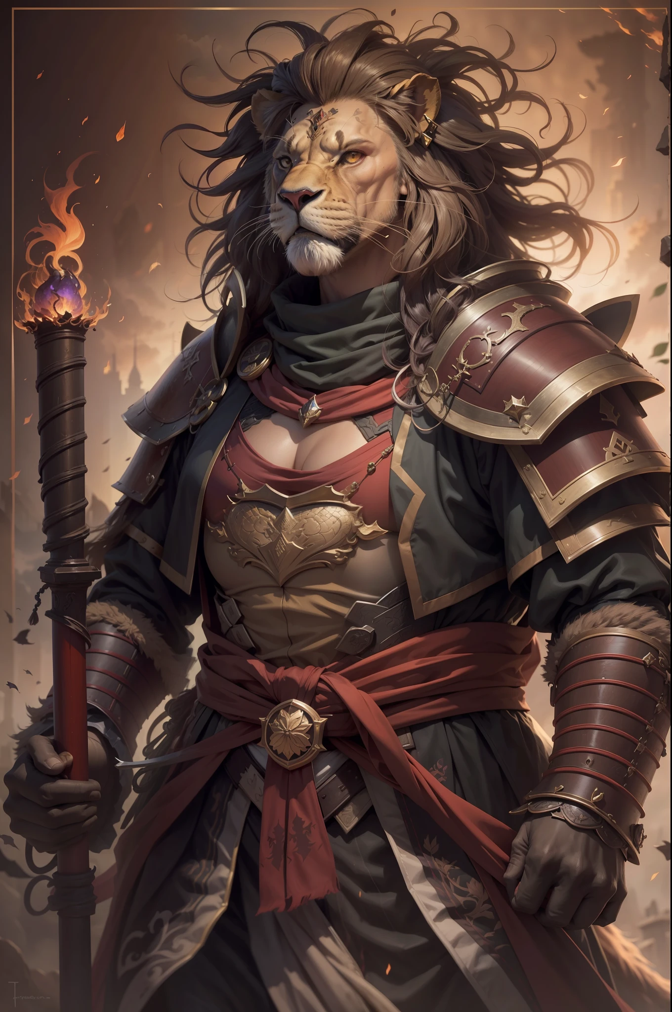 (anthropomorphic turtle),(Lion Samurai:1.4),longspear,a tall body,Stout limbs,Look at me condescendingly,disdain,despise,tosen,((closeup cleavage,facial closeups,Close-up strengthened)),The long hairs of the flame fluttered in the wind,combats,Dynamic lines,Dimly lit battlefield,Ruined castle,(stereoscopic perspective:1.4),Works of masters,super-fine,4K分辨率,high qulity,电影灯光,High picture detail,Detailed pubic hair,Epic shooting,Clearly focused hair,Detailed hair depiction,acurate