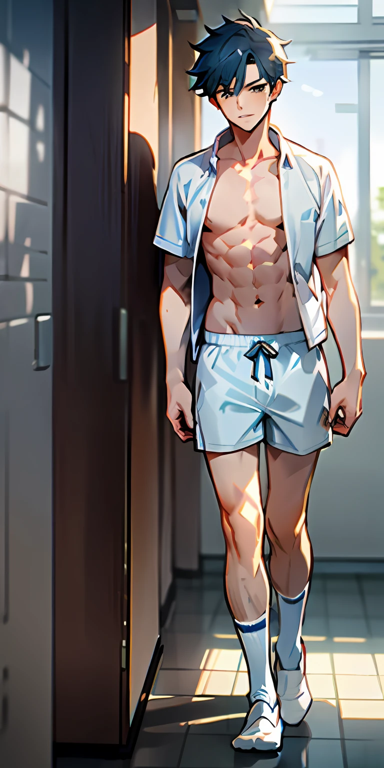 Handsome guy in white socks is embarrass, abs boy, sunny handsome, anime male protagonist, male high school student, white socks, sports shorts, full body photo, topless
